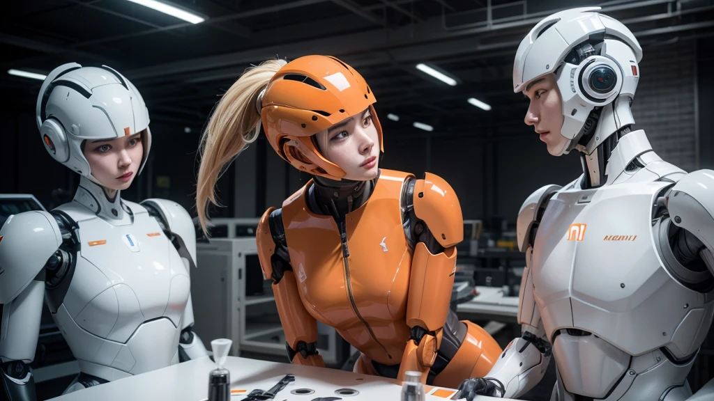 Create a realistic image of several humanoid robots in white and orange colors by manufacturing parts and other robots in a Xiaomi factory realistic masc