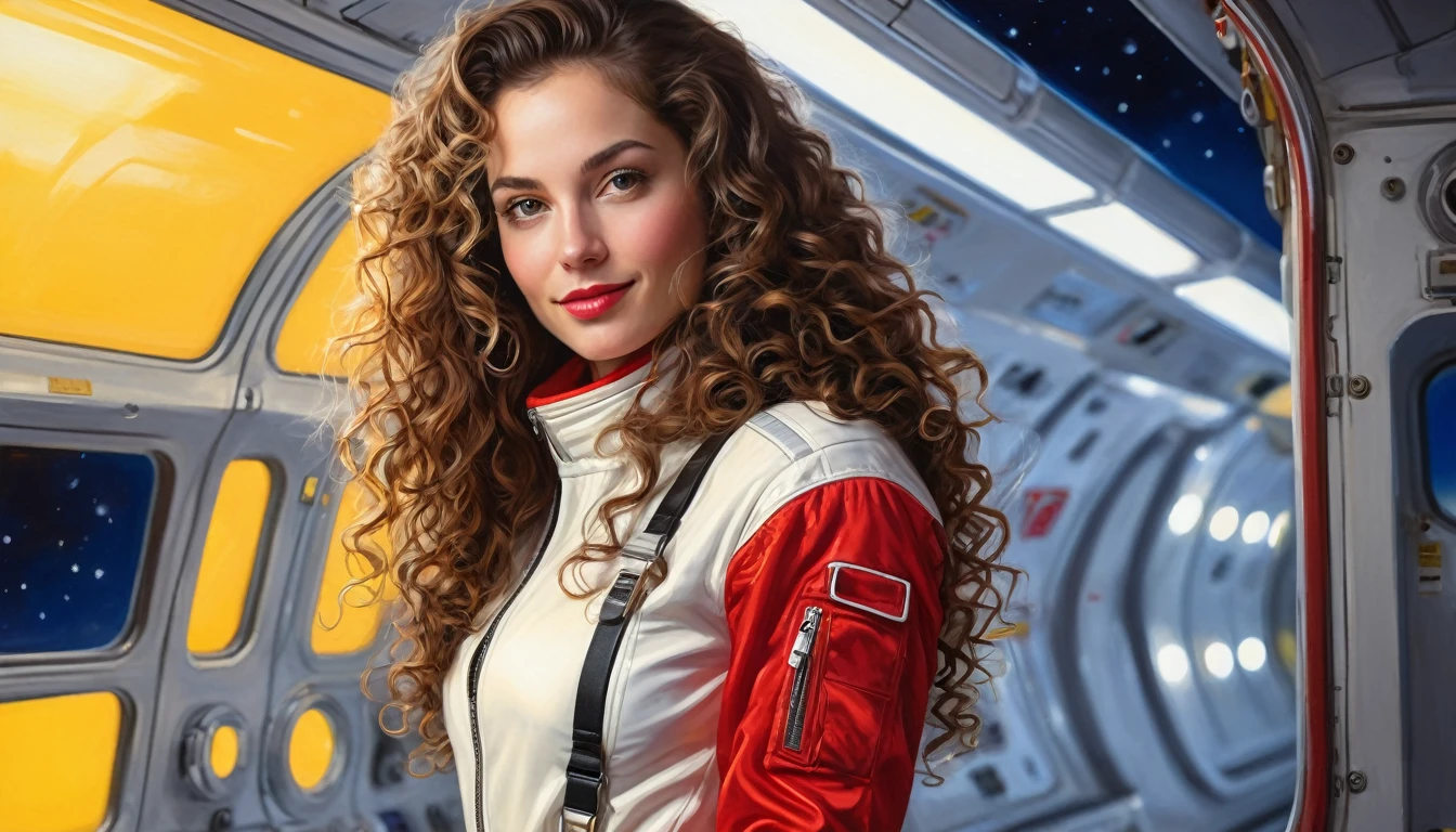 realistic acrylic art, vivid colors, lateral point of view, a beautiful european woman with long curly hair, looking at the viewer with suspicious face and a shy smile, she wears spacial red jacket over glossy tight white jumpsuit, gloves, adjusting a sophisticated belt, dramatic yellow lights, background space station