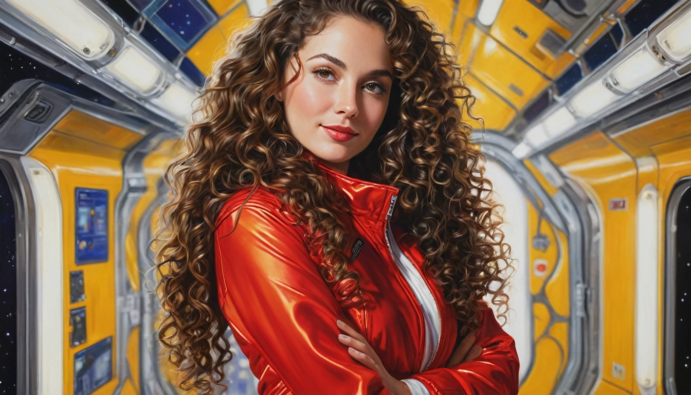 realistic acrylic art, vivid colors, lateral point of view, a beautiful european woman with long curly hair, looking at the viewer with suspicious face and a shy smile, she wears spacial red jacket over glossy tight white jumpsuit, gloves, adjusting a sophisticated belt, dramatic yellow lights, background space station