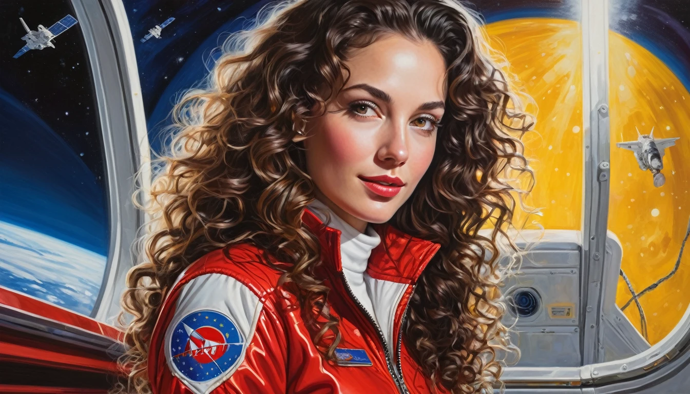 realistic acrylic art, vivid colors, lateral point of view, a beautiful european woman with long curly hair, looking at the viewer with suspicious face and a shy smile, she wears spacial red jacket over glossy tight white jumpsuit, gloves, adjusting a sophisticated belt, dramatic yellow lights, background space station