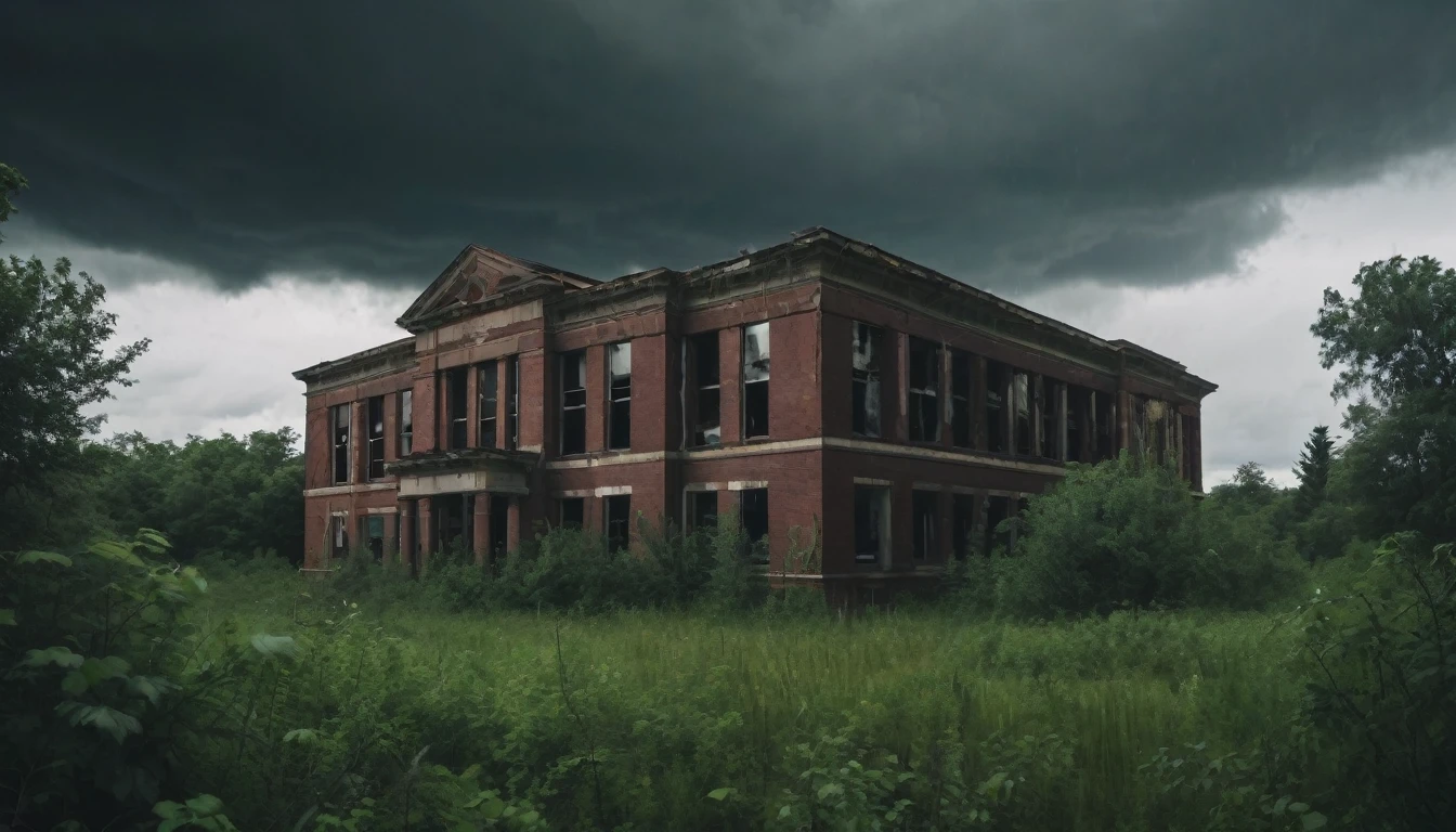 A large abandoned school, surrounded by dense vegetation and under a stormy sky. while heavy rain falls in the background. The darkness inside the school is only broken by the dim light