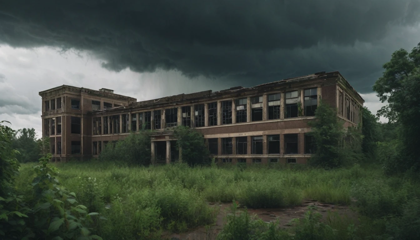 A large abandoned school, surrounded by dense vegetation and under a stormy sky. while heavy rain falls in the background.  The darkness inside the school is only broken by the dim light