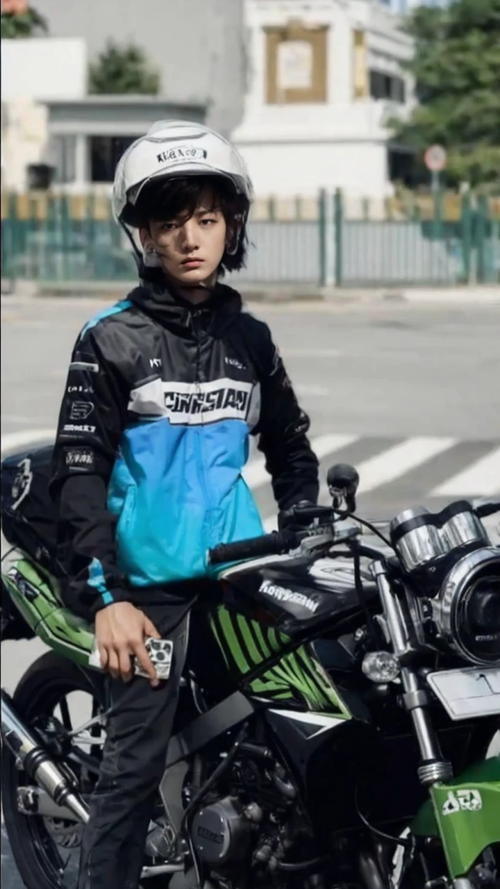 a , standing in the middle of the forest, the trees were glowing purple. The boy's colorful skin sits on a metallic motorbike