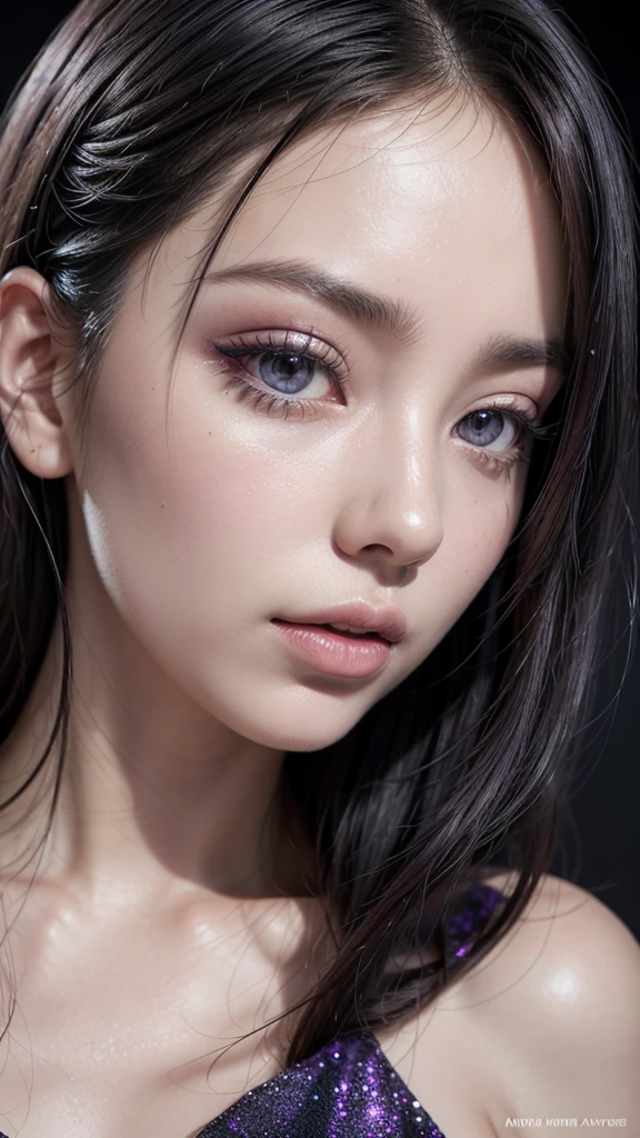 A striking and captivating close-up portrait of a woman in monochrome gray, with a touch of dark purple and lilac hues. The subject's long, elegant eyelashes accentuate her gaze as she looks upwards with a bright, glimmering eye. The image exudes a modern, digital-enhanced aesthetic through its shimmering, glittering effect, reminiscent of a 3D render or illustration. The composition boasts depth and texture, creating a vibrant and conceptual piece that is both fashionable and artistic., fashion, illustration, conceptual art, vibrant, ukiyo-e