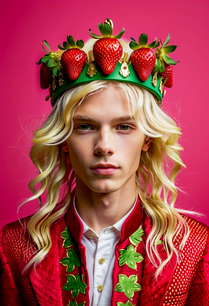 Blond boy as the Strawberry King, vibrant colors, whimsical fantasy, detailed strawberry crown, flowing golden locks, high-quality, fantasy, royal, vibrant tones, detailed, fruity, cheerful, atmospheric lighting