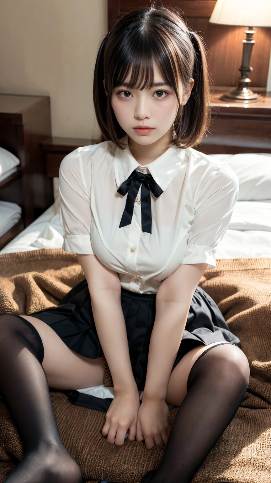 masterpiece, best quality, illustration, Super detailed, fine details, High resolution, 8K,wall paper, perfect dynamic composition,(Details High quality, realistic depiction of eyes:1.3), (collared shirt:1.1), pleated skirt, knee high socks, Lying down, large breasts, short bob hair, black hair color, Big Natural Color Lip, bold sexy pose, (perfect body shape), crying a little、Harajuku style、20 year old girl、cute type、lolita、beautiful legs, hotel room, hposing Gravure Idol, (woman on top, straddling, sitting)