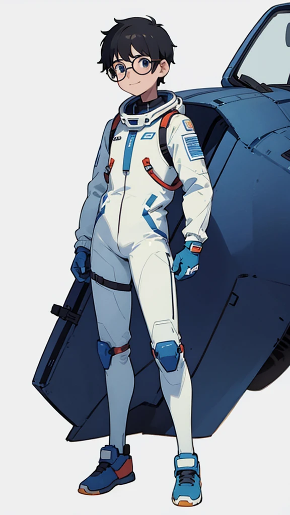 1,19 years old,university student,male,Black Hair,Light blue eyes,Short Hair,Spacesuit,(Cool pose),Standing posture,Glasses,(whole body),White background,smile,The shoes are blue