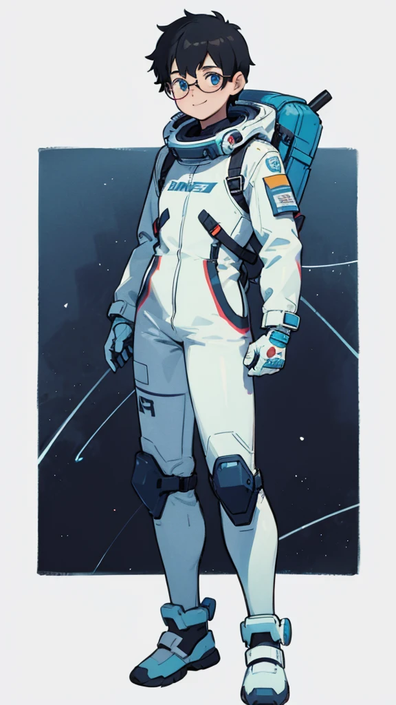 1,19 years old,university student,male,Black Hair,Light blue eyes,Short Hair,Spacesuit,（Cool pose）,Standing posture,Glasses,（whole body）,White background,smile,The shoes are blue