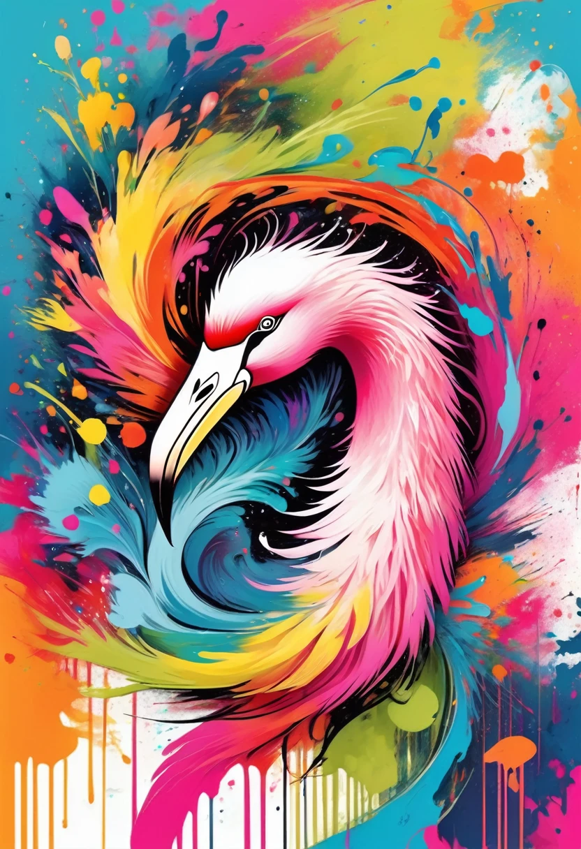 vectorial art, Colorful illustration with flamingo, At the center, swirly vibrant colors，graffiti art，ink spatter，Wild and unbridled，paint splash painting，rich and colorful，visual impact,modern aesthetic,Elegant and simple