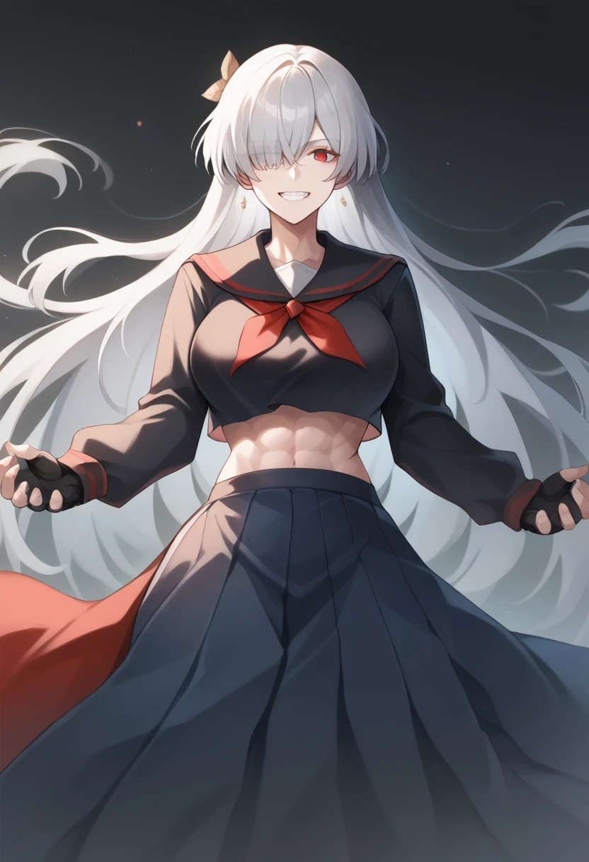 score_9, score_8_up, score_7_up, 1girl, white hair, bangs, hair over one eye, red eyes, smile, grin, long hair, pale skin, serafuku, long skirt, midriff, toned, curvy, large breasts, long sleeves, fingerless gloves, anastasia (fate), acheron_red, unaestheticXL_bp5, aidxlv05_neg