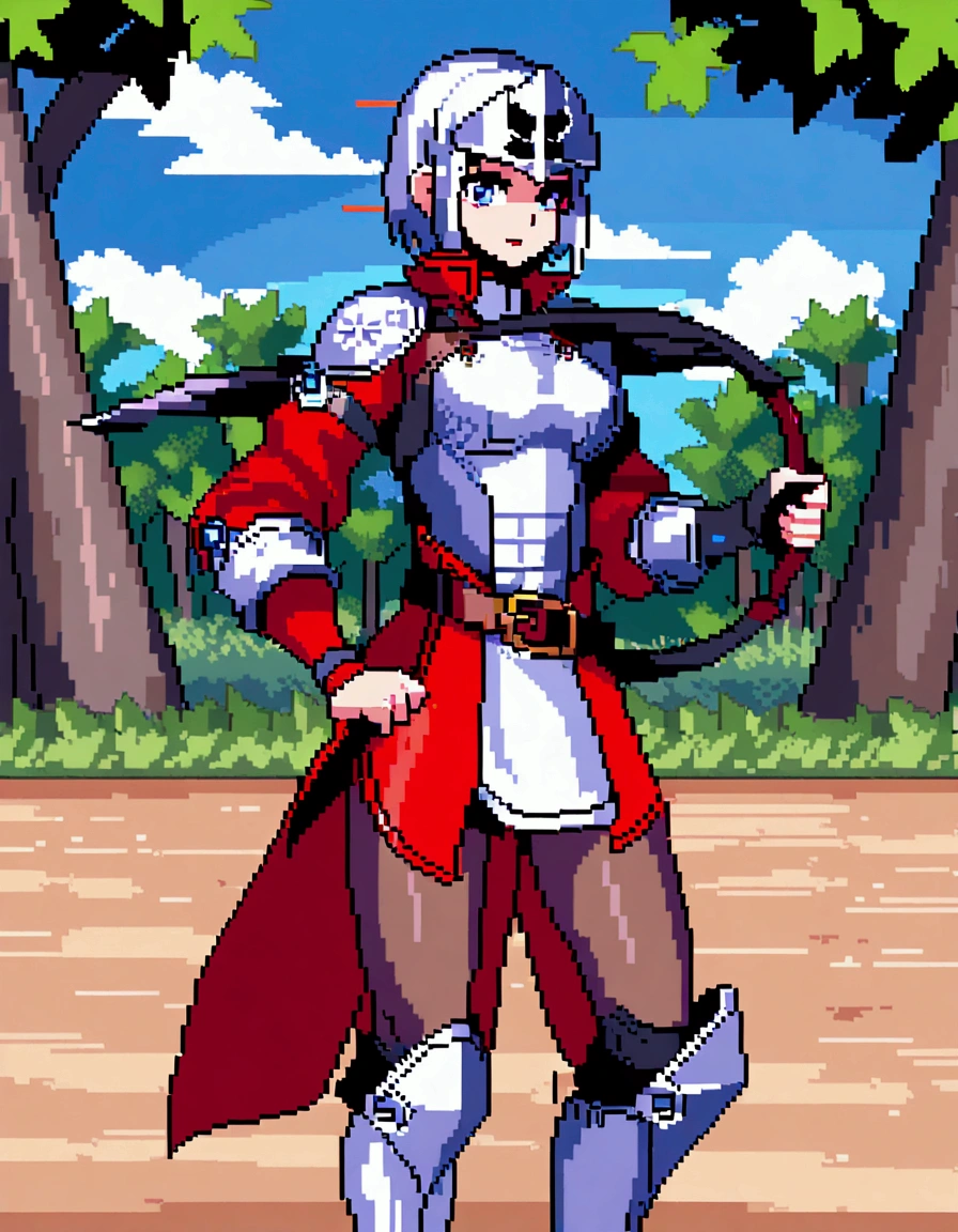 Create an image of an agile archer dressed in hunter's attire, holding a simple bow. She is in a dense forest, with eyes alert and ready to shoot, in pixel art.