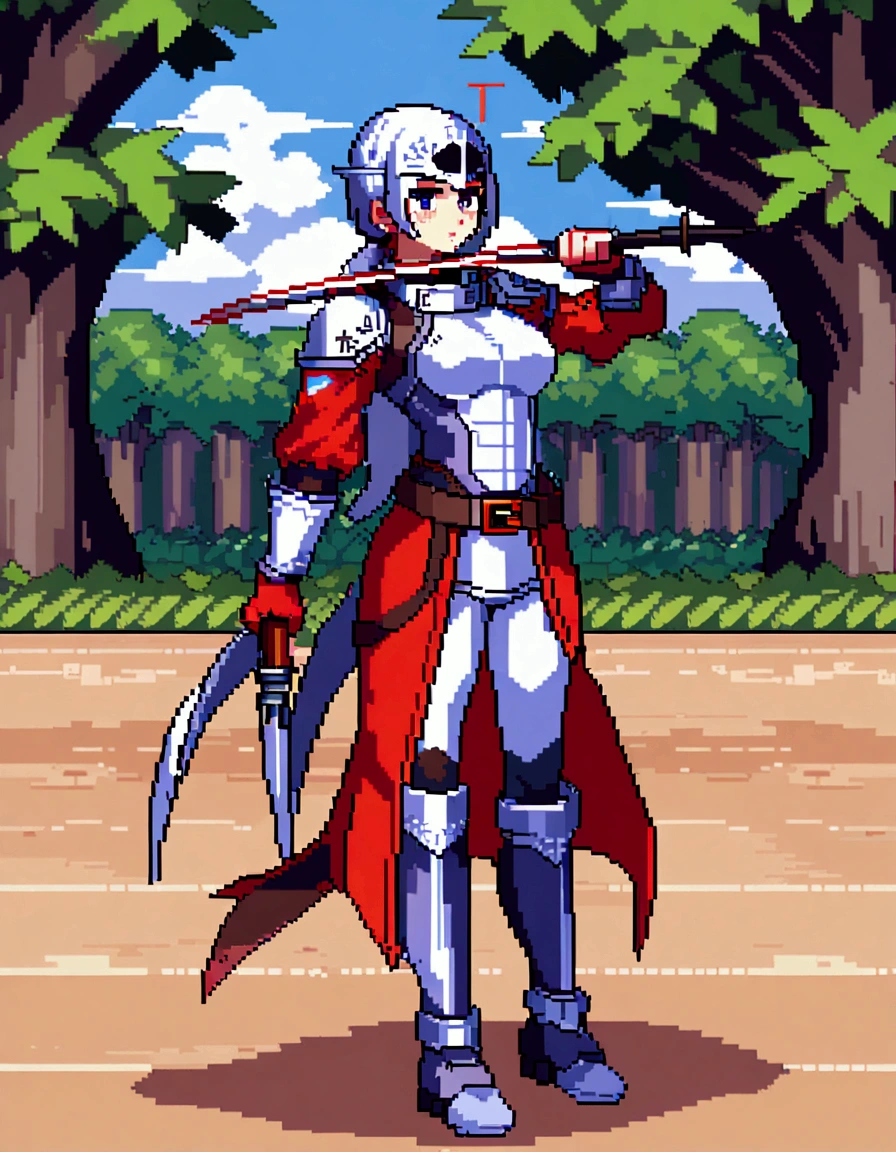 Create an image of an agile archer dressed in hunter's attire, holding a simple bow. She is in a dense forest, with eyes alert and ready to shoot, in pixel art.