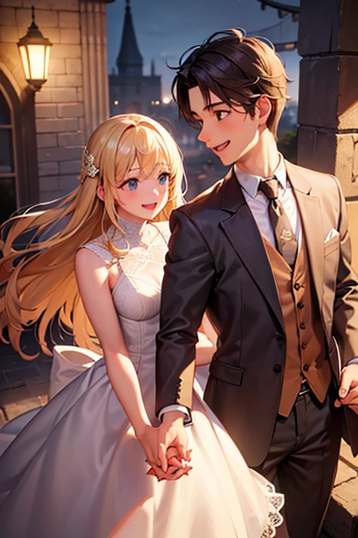 a young couple, couple holding hands, happy couple, couple from behind, two smiling faces, surrounded by light, cinematic lighting, romantic atmosphere, heartwarming, joyful, beautiful scenery, soft colors, cinematic style, detailed facial features, realistic skin tones, high quality, photorealistic, fine details, masterpiece