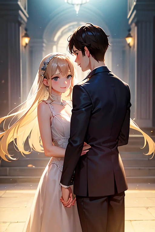 a young couple, couple holding hands, happy couple, couple from behind, two smiling faces, surrounded by light, cinematic lighting, romantic atmosphere, heartwarming, joyful, beautiful scenery, soft colors, cinematic style, detailed facial features, realistic skin tones, high quality, photorealistic, fine details, masterpiece