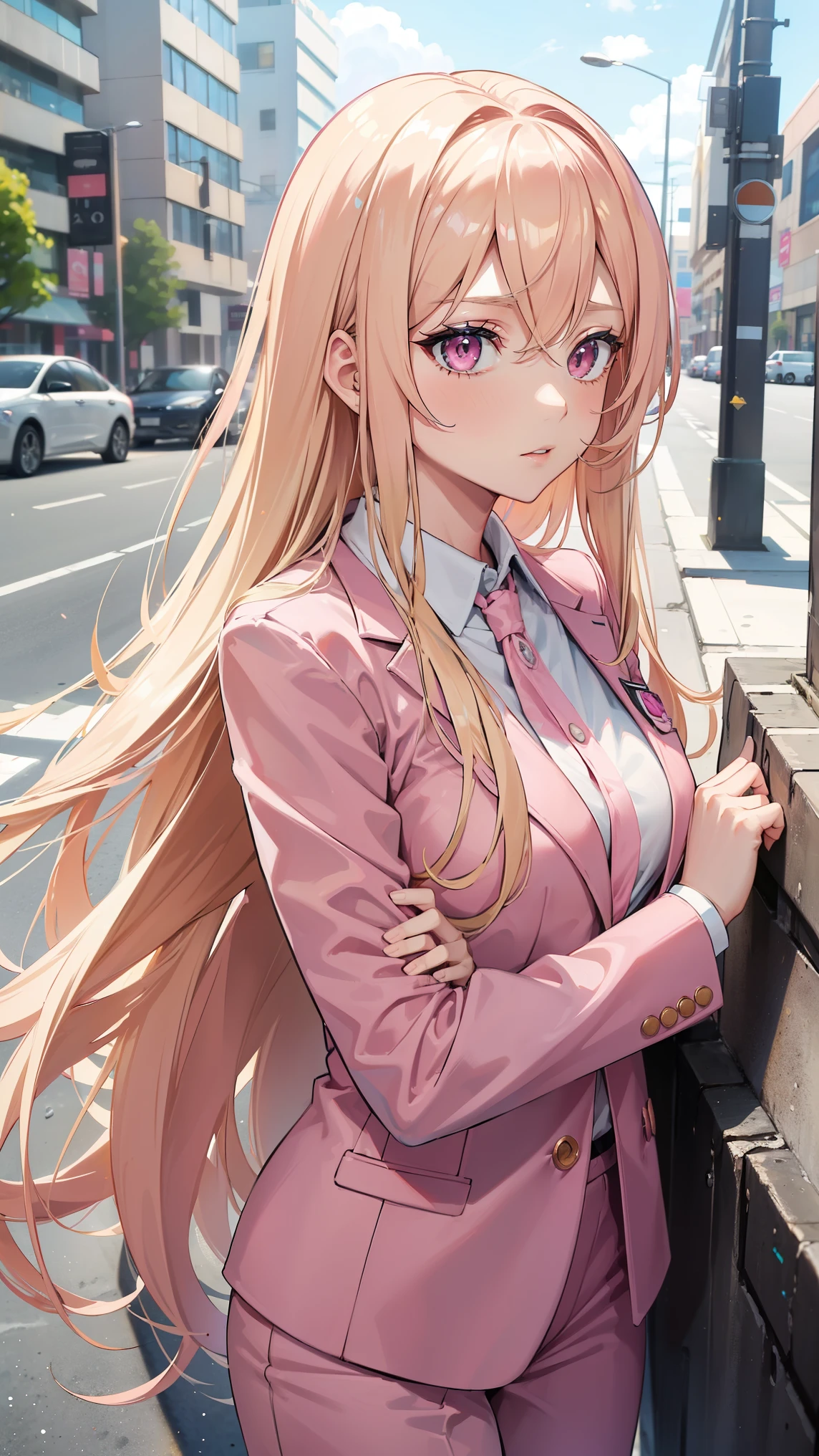 (((Adult woman))), long blonde hair, (pink eyes), pink suit