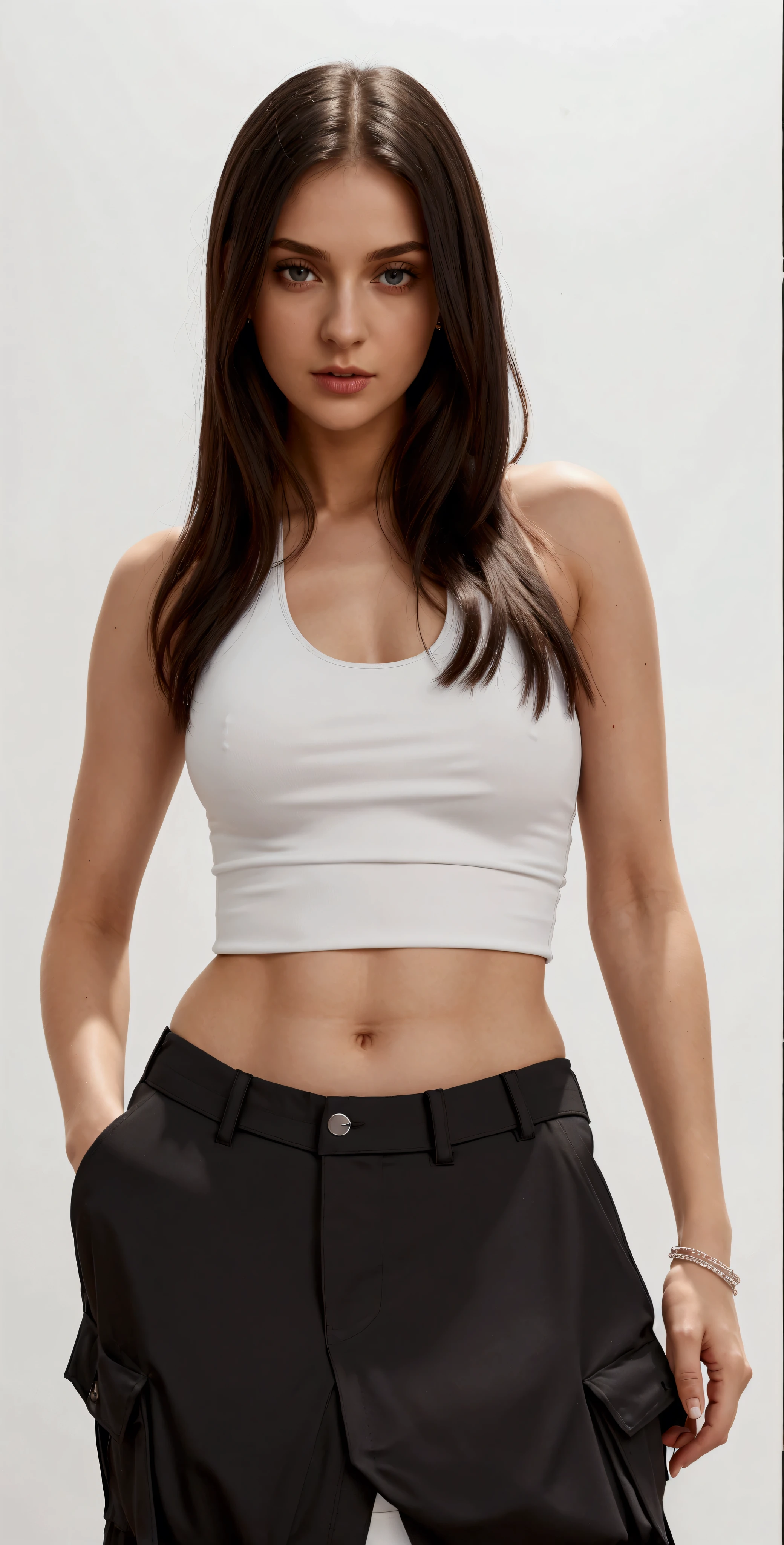 a close up of a woman in a White top and black cargo pants, top cut, white halter top, White top, wearing top cut, usando um top cropped sexy, white top, thin girl model photo, fit delicate figure, wearing a black cropped tank top, wearing tank top, 2 4 year old female model, halter top
