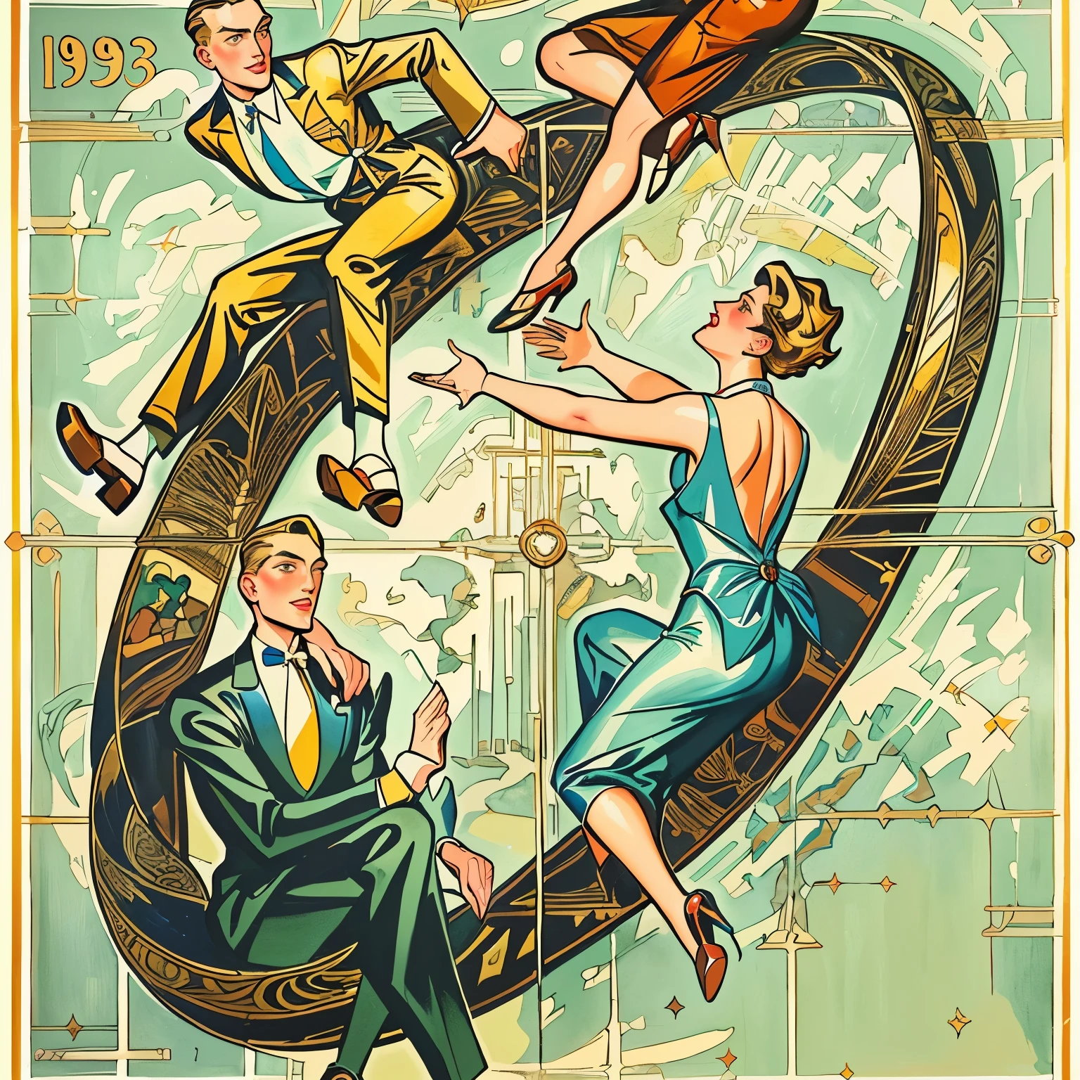 painting of a group of people in a circle with a man in a suit, enoch bolles, by Hugo Scheiber, 1940s propaganda poster, propaganda art, part leyendecker style, leyendecker style, art deco poster, leonetto cappiello, dadaism style, 1 9 3 0 style, art deco illustration