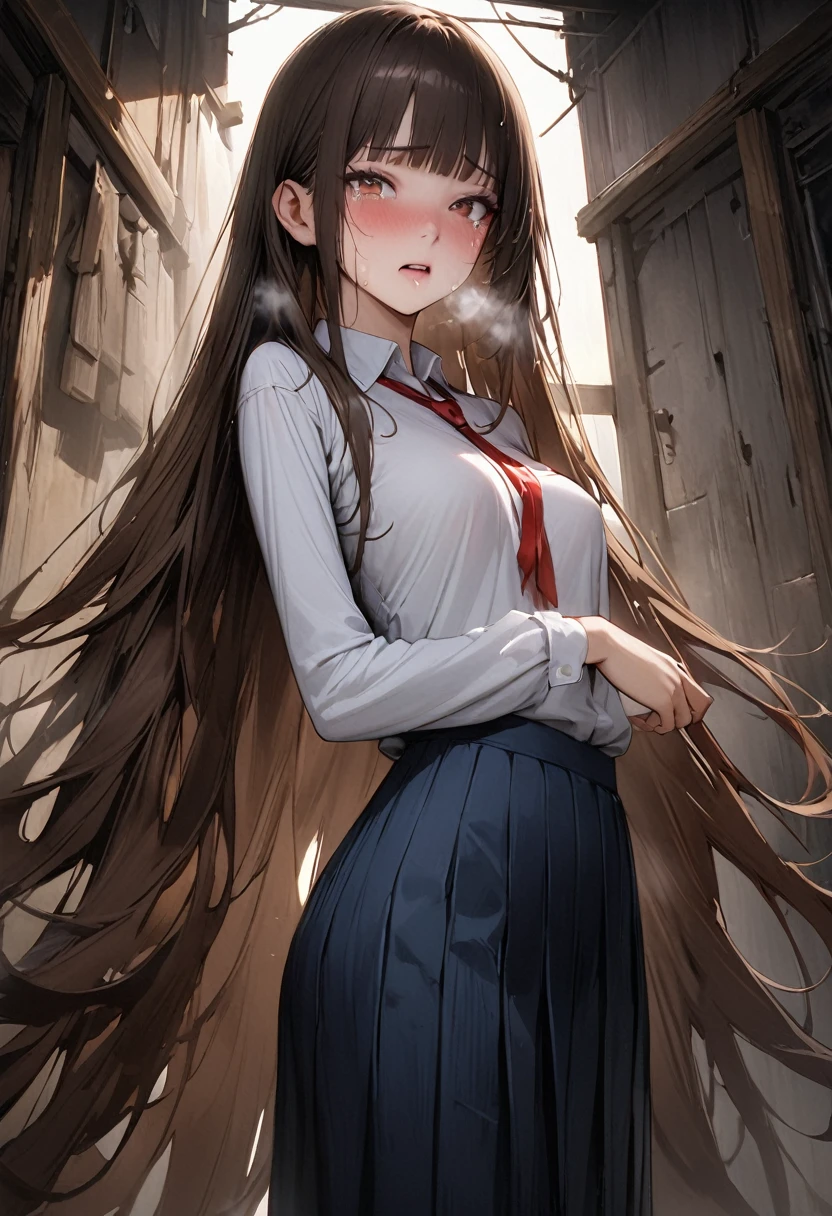 ((masterpiece,Highest quality:1.3,best quality illustration)),(realistic),nsfw,cowboy shot,独奏,1woman,(18-year-old、Japanese Beauty)、brown hair,long hair,bangs,brown eyes,gorgeous eyes,(very small head:1.3),tears,Heavy breathing,(very long body:1.2,skinny),medium breasts,((Red ribbon tie、White collared shirt、Long sleeve、Navy blue pleated mini skirt)),barefoot、Wet crotch、sweat,gleaming skin,toned body,slender body,lying,A messy bed、bedroom in the abandoned house、at night、World of Blade Runner、