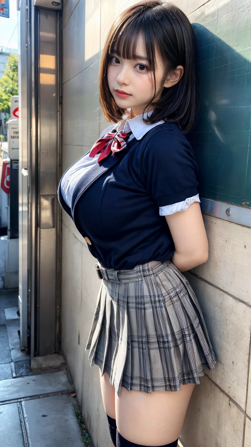 masterpiece, best quality, illustration, Super detailed, fine details, High resolution, 8K,wall paper, perfect dynamic composition,(Details High quality, realistic depiction of eyes:1.3), from side, High School Classroom、High school girl uniform、blazer 、Super Short Check Uniform Skirt、Navy blue high socks、garterbelts、Colossal tits、Disturbed uniform,  short bob hair, black hair color, huge breasts, Big Natural Color Lip, bold sexy pose, (perfect body shape), crying a little、Harajuku style、20 year old girl、 beautiful legs, hposing Gravure Idol, Voluptuous thighs