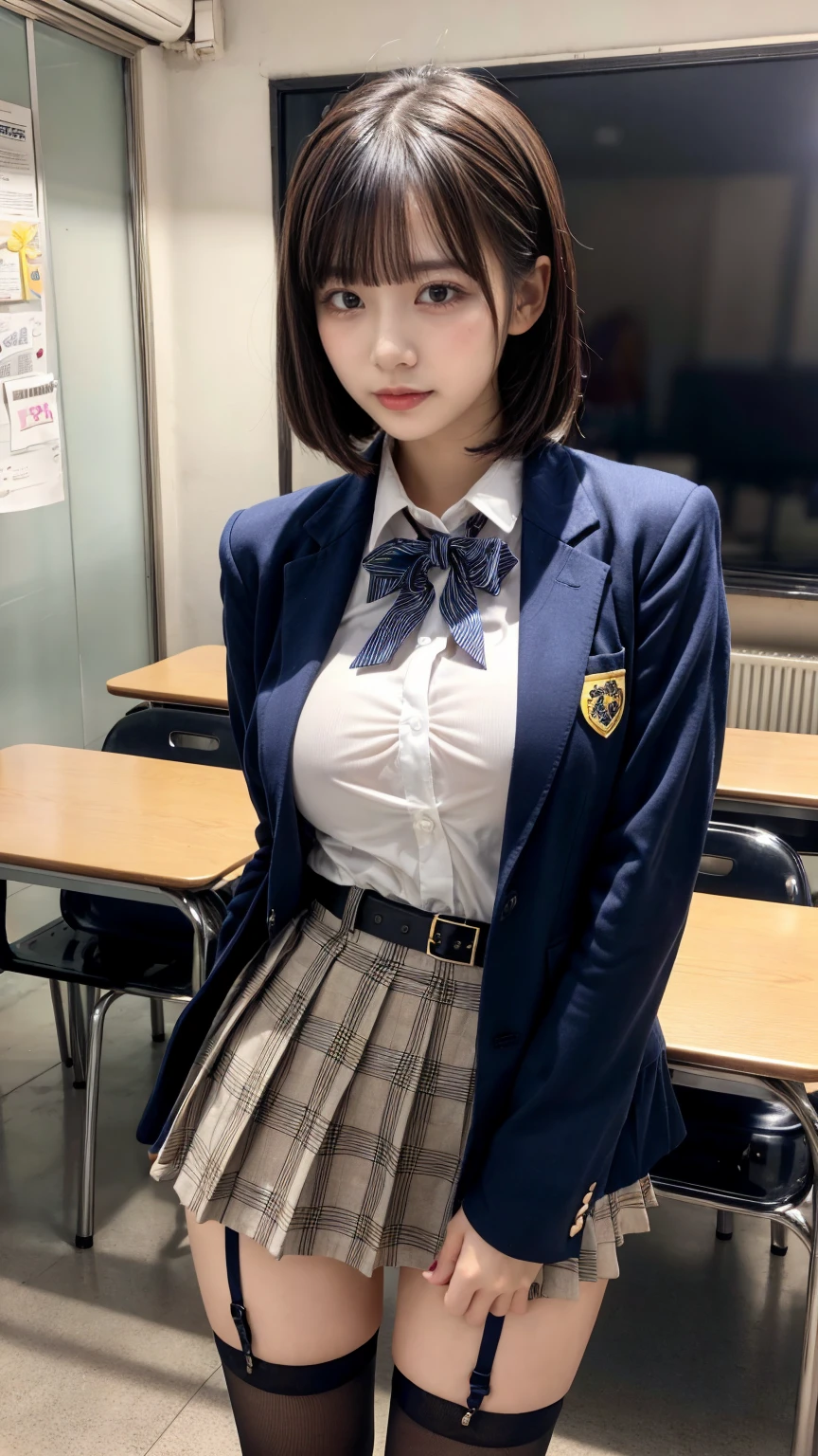 masterpiece, best quality, illustration, Super detailed, fine details, High resolution, 8K,wall paper, perfect dynamic composition,(Details High quality, realistic depiction of eyes:1.3), from side, High School Classroom、High school girl uniform、blazer 、Super Short Check Uniform Skirt、Navy blue high socks、garterbelts、Colossal tits、Disturbed uniform, short bob hair, black hair color, huge breasts, Big Natural Color Lip, bold sexy pose, (perfect body shape), crying a little、Harajuku style、20 year old girl、 beautiful legs, hposing Gravure Idol, Voluptuous thighs