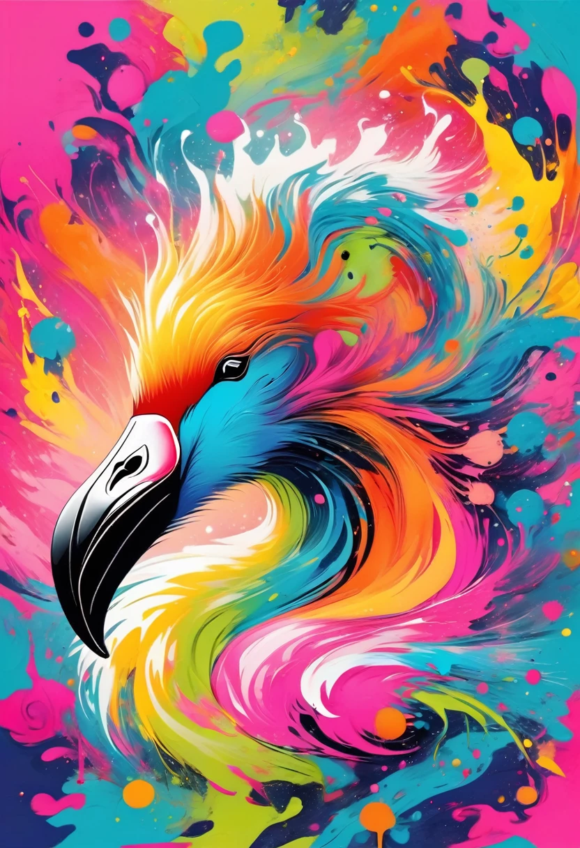 vectorial art, Colorful illustration with flamingo, At the center, swirly vibrant colors，graffiti art，ink spatter，Wild and unbridled，paint splash painting，rich and colorful，visual impact,modern aesthetic,Elegant and simple