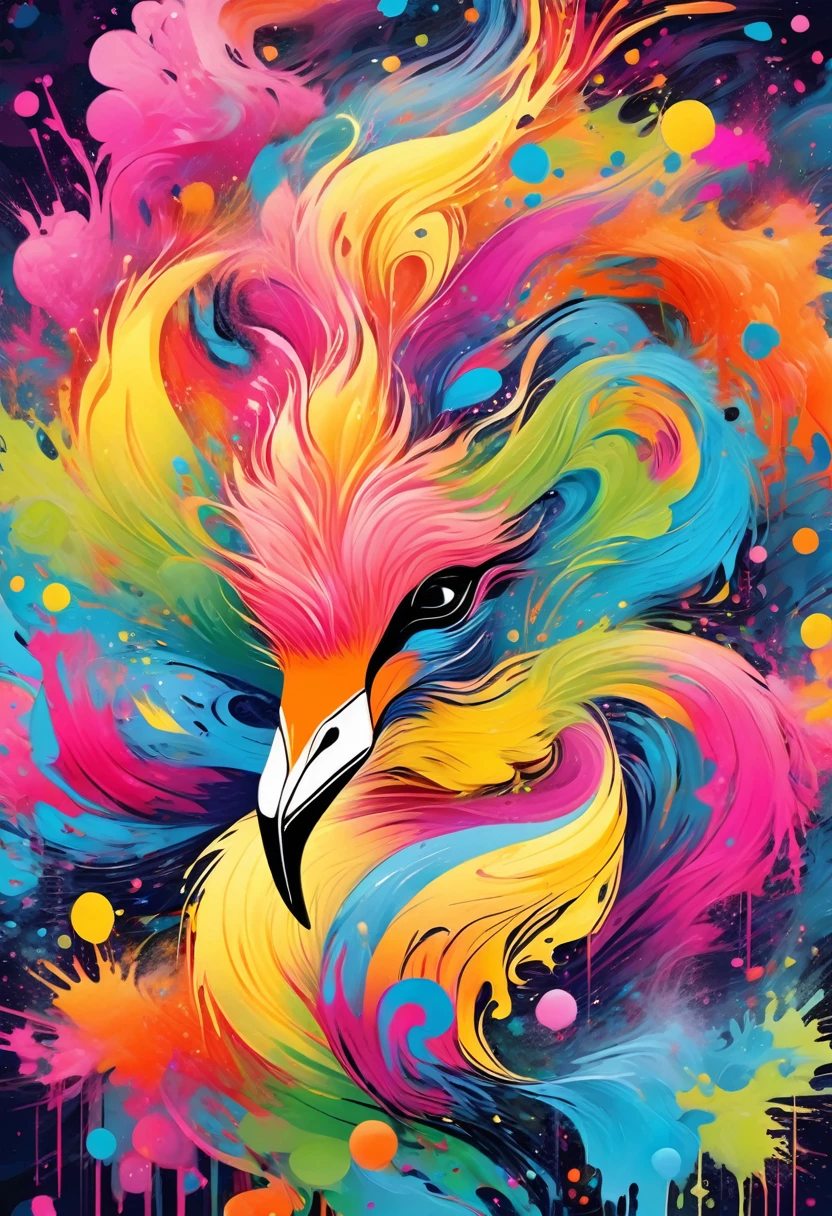 vectorial art, Colorful illustration with flamingo, At the center, swirly vibrant colors,graffiti art,ink spatter,Wild and unbridled,paint splash painting,rich and colorful,visual impact,modern aesthetic,Elegant and simple