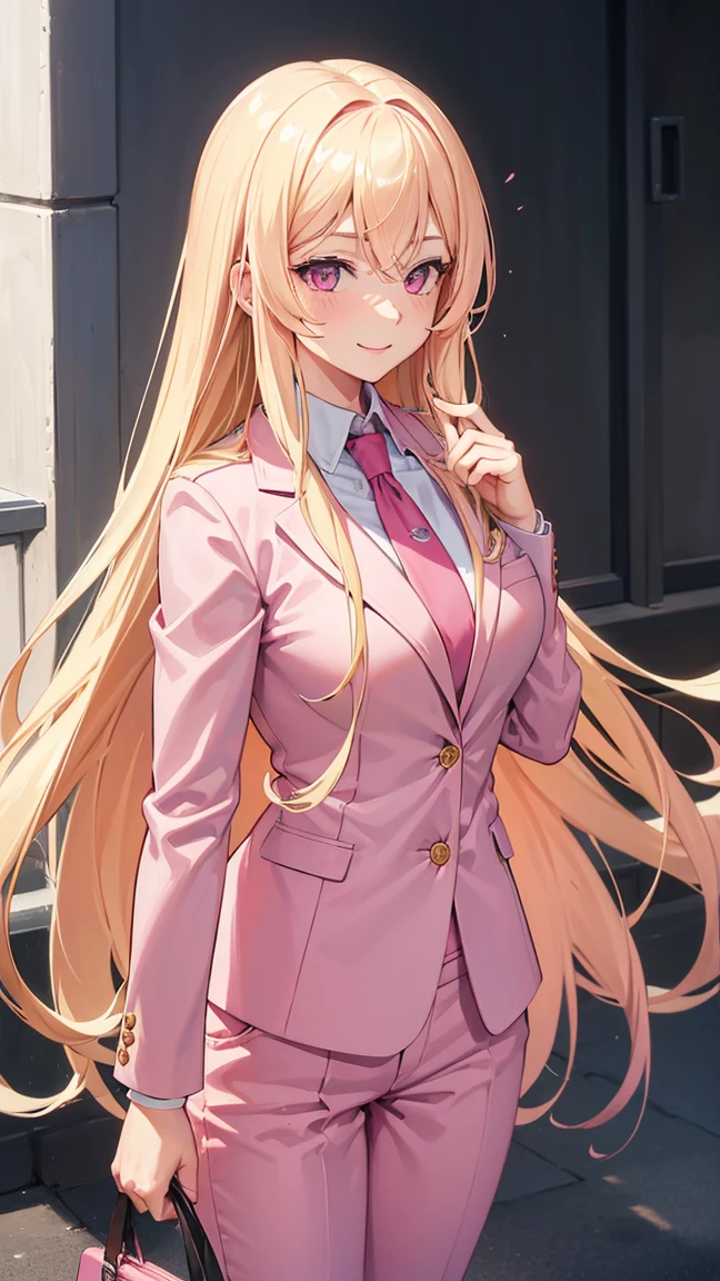 (((Adult woman))), long blonde hair, (pink eyes), pink suit, smile