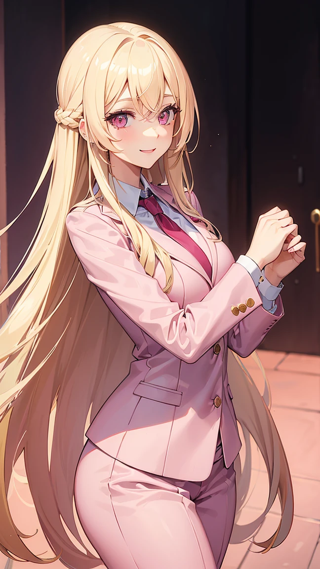 (((Adult woman))), long blonde hair, (pink eyes), pink suit, smile