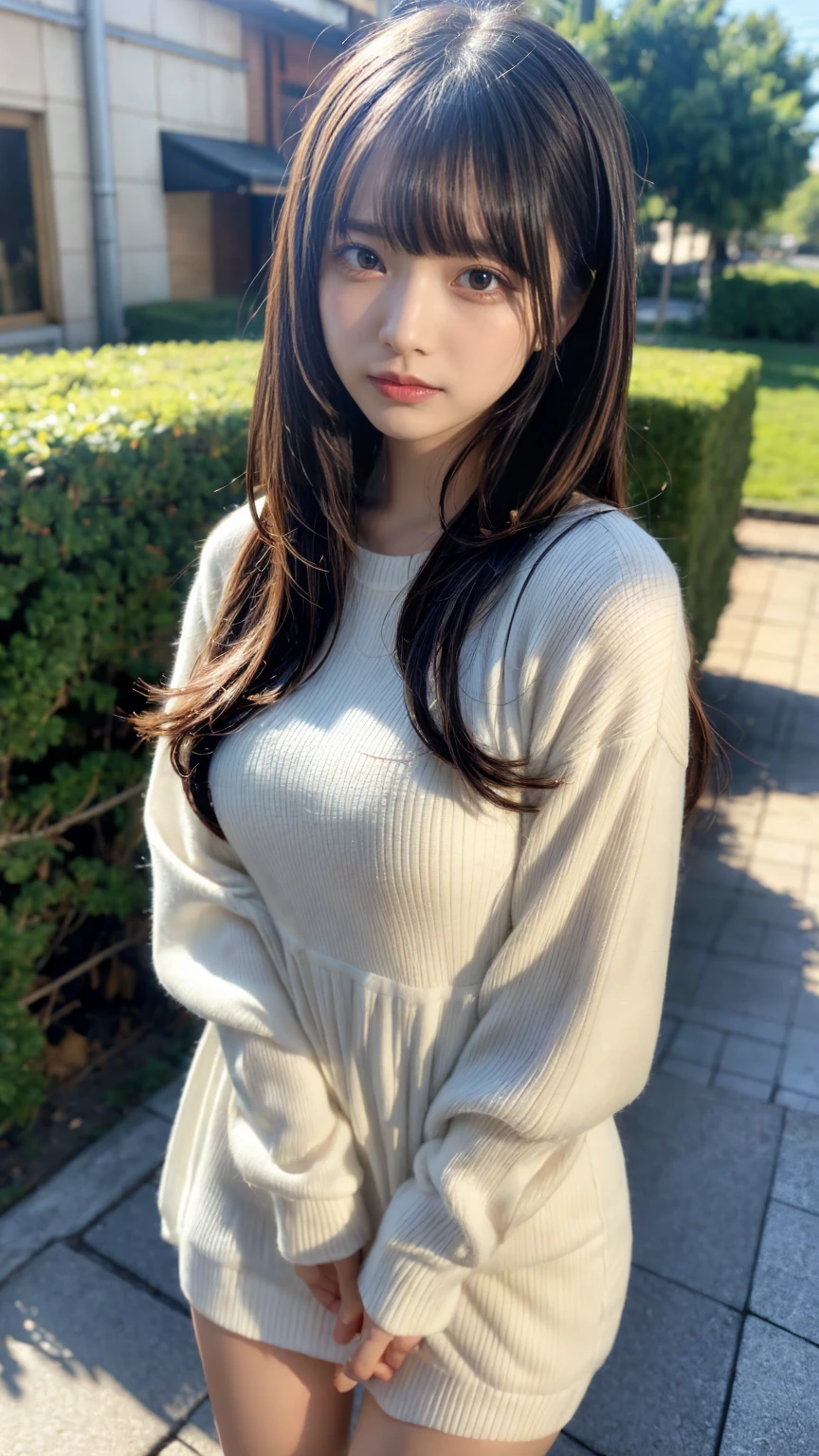 masterpiece, Best Quality, Illustration, Ultra-detailed, finely detail, hight resolution, 8K Wallpaper, Perfect dynamic composition, Beautiful detailed eyes, Tight Mini,Medium Hair,,Natural Color Lip, Randomly sexy poses,Harajuku、20 years girl、Cute、Sexy shot looking at camera,Cute long-sleeved dress,Slender face,Slender body,Background blur