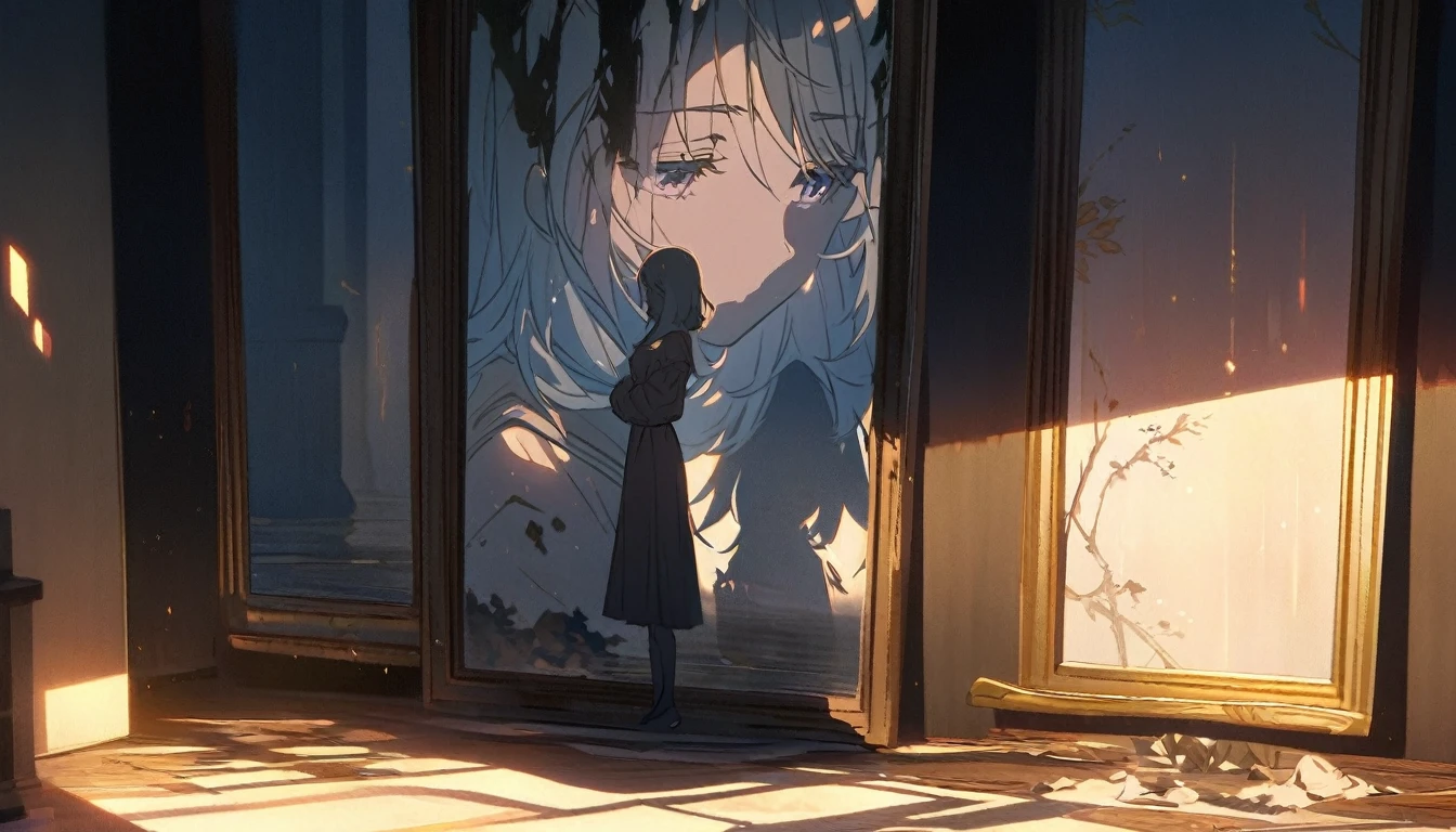 A melancholic anime girl standing in a softly lit room, facing a tall mirror that reflects a shattered image, symbolizing broken dreams and unfulfilled expectations. The room is cozy with personal items scattered around, indicating a once cherished relationship. A window lets in the soft light of a setting sun, casting long shadows and a warm glow, symbolizing the passage of time and fading hopes. The girl's posture is slightly slumped, conveying her emotional struggle. She holds a photo of someone she once admired, realizing the truth about them. The atmosphere is filled with sadness and realization, but also a hint of strength as she begins to accept reality and move on. The lighting enhances her reflective mood, with shadows accentuating the depth of her emotions. Use soft, warm colors for the lighting and a detailed anime art style