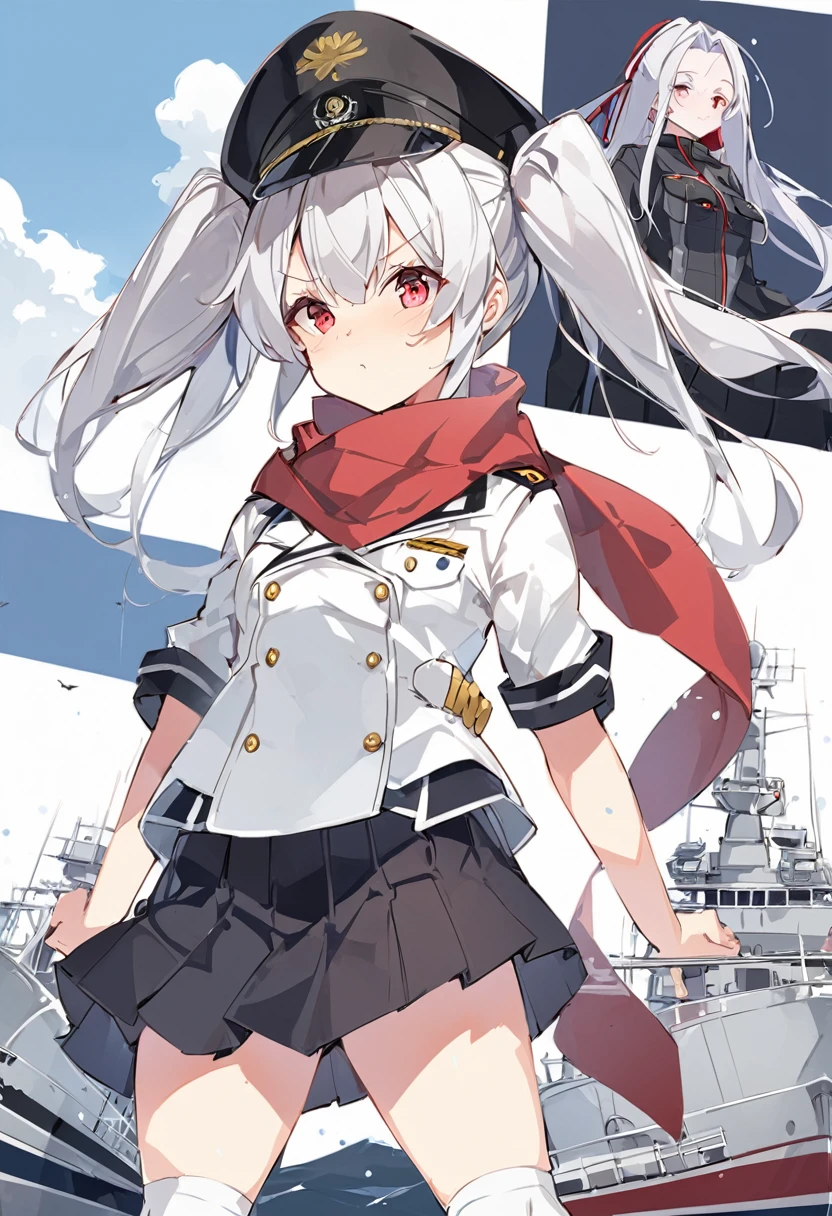 Light Cruiser Kashima,Training Cruiser Kashima,Shipgirl,Fleet Collection,Kantai Collection,Cosplay,Twin tails,uniform,Fleet Collection -Kantai Collection- 鹿島,Pleated skirt,Knee-high socks,Silver Hair,Black Hat,Outfitting,Katori-class training cruiser No. 2,Red scarf