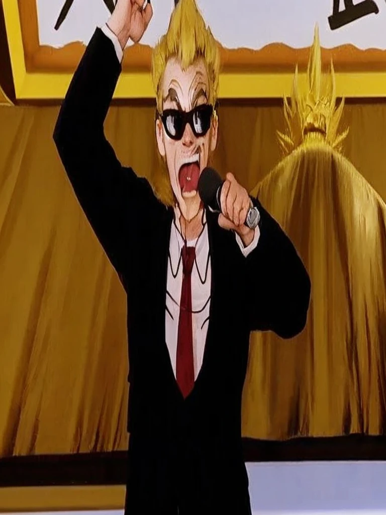 Blonde person with a bulging hairstyle completely back, approximately 35 years old, slim complexion, with completely dark glasses that do not allow his eyes to be seen and a black suit with a red tie and a microphone in his left hand,thin face and speaking into the microphone with great enthusiasm and in the background the walls of the Dragon Ball martial arts tournament - entertainer of the martial arts tournament - hyperreal in full HD