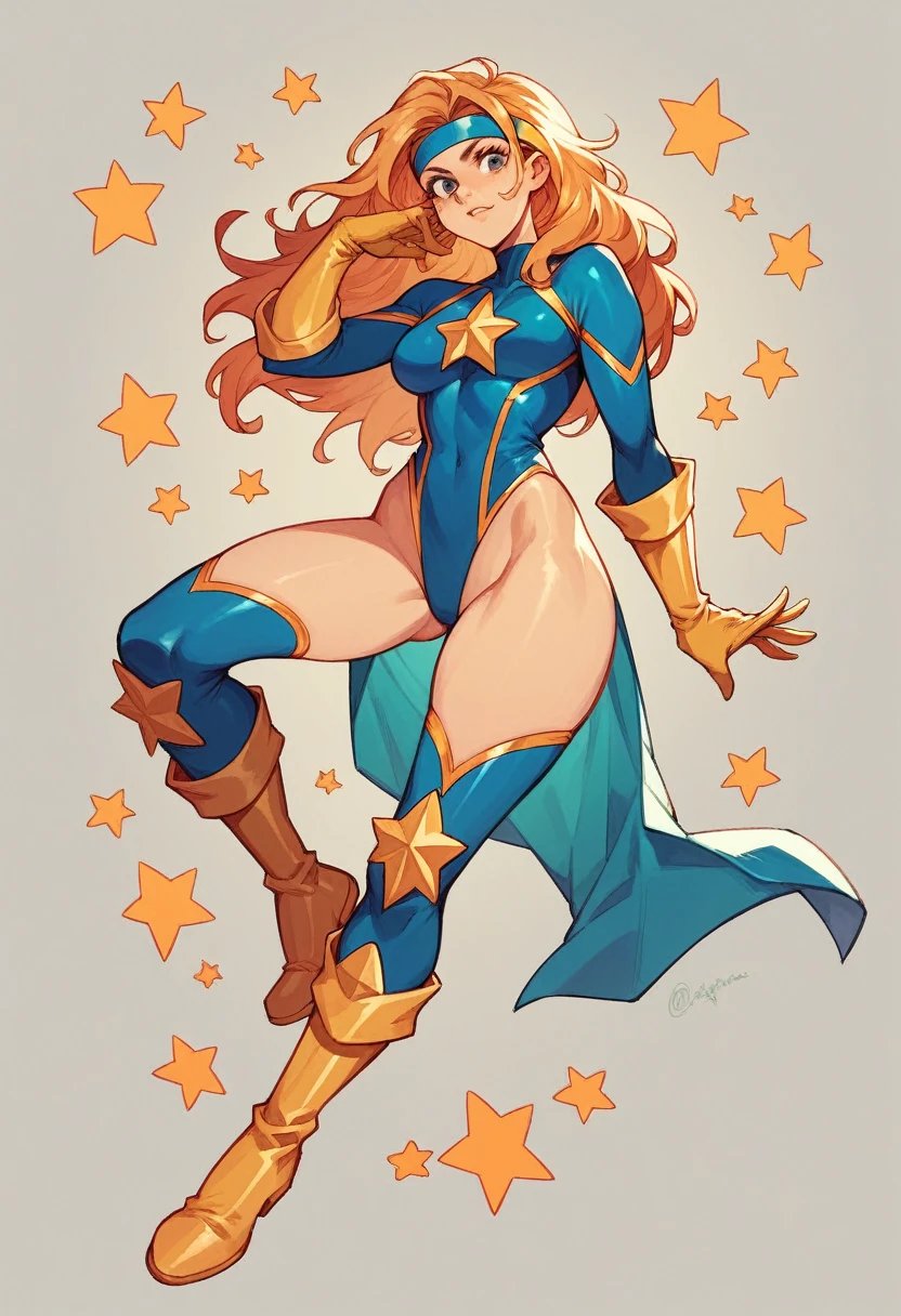 A sexy superheroine with a blue highleg leotard with a gold star insignia, gold boots and gloves and a headband