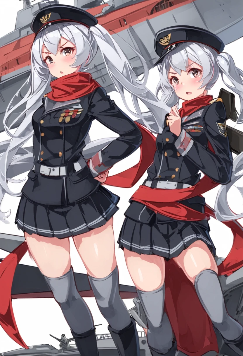 Light Cruiser Kashima,Training Cruiser Kashima,Shipgirl,Fleet Collection,Kantai Collection,Cosplay,Twin tails,uniform,Fleet Collection -Kantai Collection- 鹿島,Pleated skirt,Knee-high socks,Silver Hair,Black Hat,Outfitting,Katori-class training cruiser No. 2,Red scarf