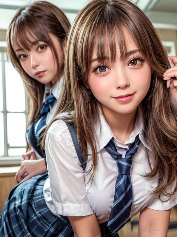 NSFW,((sex)), ((masterpiece)), ((highest quality)), (Super detailed), ((cute)), cute, (Multi-point), ((sexy)), (device), ((very detailed)), 4k, (8k), highest quality, (beautiful), hyper cute face, shape, anime style,hyper genuineistic, genuine, dynamic angle, ((full body)), close, thick outline, clear outline, on school, (three girls, 3 cute girls:1.5), (school girl uniform :1.5), beautiful light brown hair, beautiful brown eyes, ((beautiful eyes)), (leaning forward:1.5), (upskirt:1.5), short hair, big breasts, smile