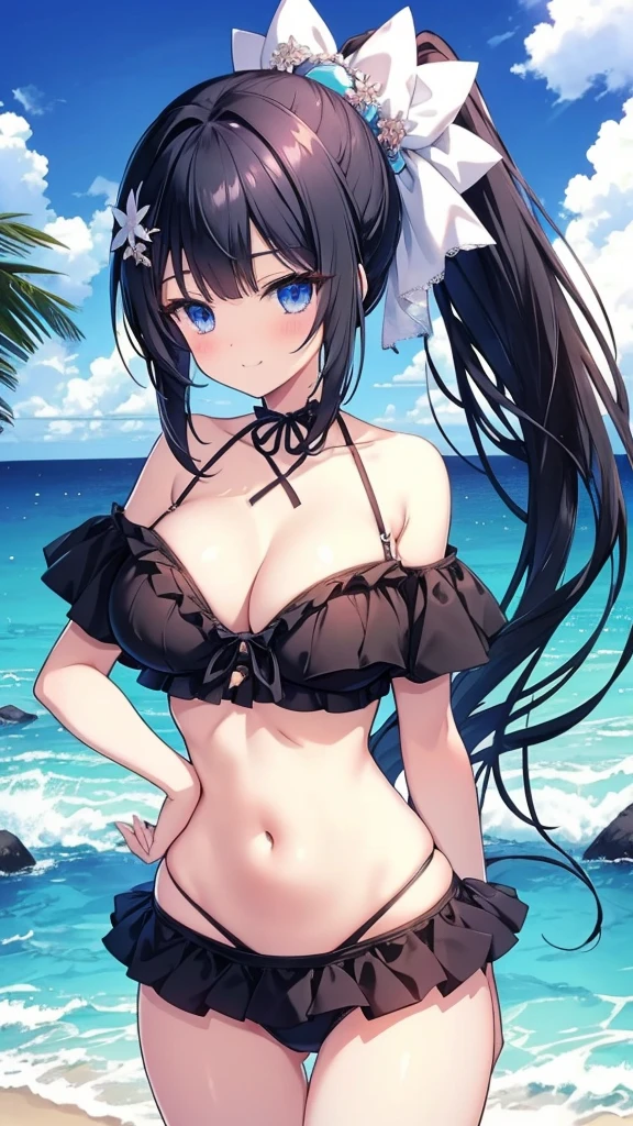 best quality, extremely detailed,anime style girl,long hair down to the waist, straight hair, dark black hair with bluish,ponytail,beautiful detailed eyes, pinched eyes, dark blue eyes,huge breasts,cutie white base colorful frill
 Bikini,hair ornament,beach side Luxurious room,smile,active pose 