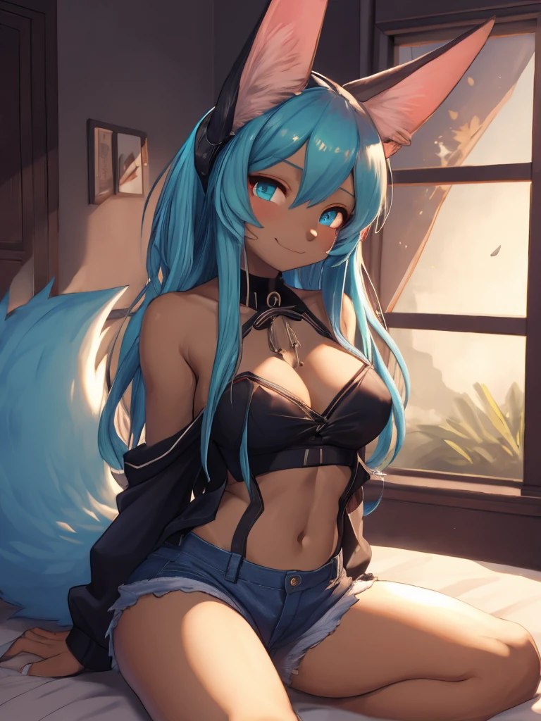 Miku Hatsune, add alta definición_detail:1, blue fur,kitsune ears, tatuaje tribal add_detail:1,pose in bed, scoating position during a full moon showing off her beautiful figure and her outfit (black blouse bare shoulders, denim mini shorts) add_details:1, sonriendo add_detailsl:1, ear piercing add_detail:1, scoating position on bed add_detail, ******** add_detail:1, aqua add pupils_detail 