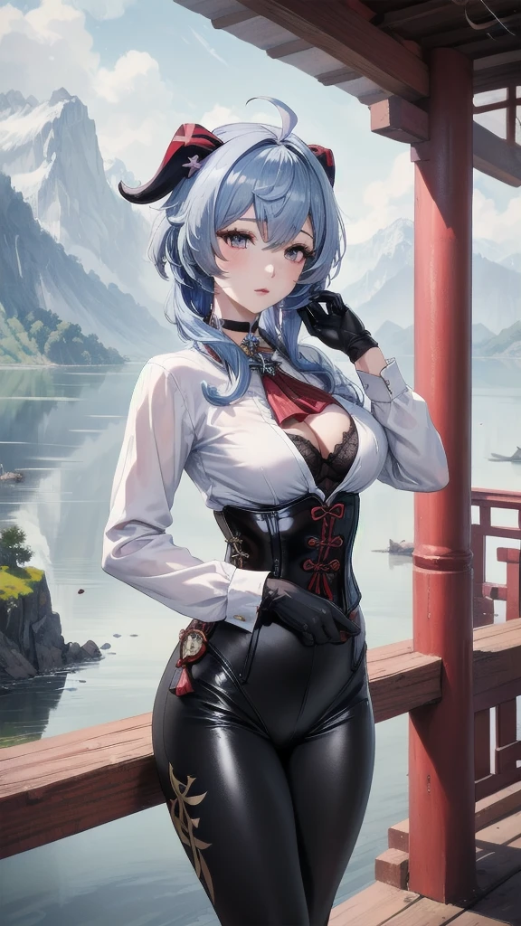 Masterpiece, Beautiful art, professional artist, 8k, sleeping expression, very detailed face, Detailed clothing, detailed fabric, 1 girl, Hiring, (genshin impact), View from the front, standing, perfectly drawn body, pale skin, shy expression, beautiful face, agregar cuernos de Hiring en la cabeza, Long sky blue hair, 4k eyes, very detailed eyes, pink cheeks, choker:1.6, (white long sleeve button down shirt with white collar), black gloves, gloves that cover hands, (black leather corset), (shiny black leggings), Sensual Lips, show details in the eyes, lake with chinese mountain in the background, at daytime