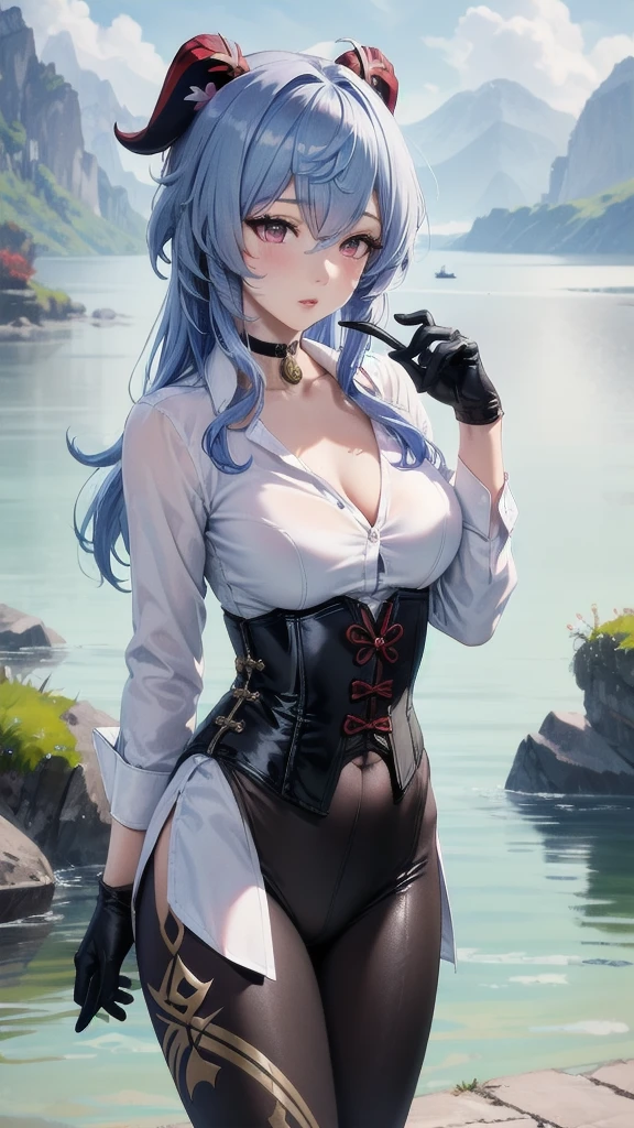 Masterpiece, Beautiful art, professional artist, 8k, sleeping expression, very detailed face, Detailed clothing, detailed fabric, 1 girl, Hiring, (genshin impact), View from the front, standing, perfectly drawn body, pale skin, shy expression, beautiful face, agregar cuernos de Hiring en la cabeza, Long sky blue hair, 4k eyes, very detailed eyes, pink cheeks, choker:1.6, (white long sleeve button down shirt with white collar), black gloves, gloves that cover hands, (black leather corset), (shiny black leggings), Sensual Lips, show details in the eyes, lake with chinese mountain in the background, at daytime