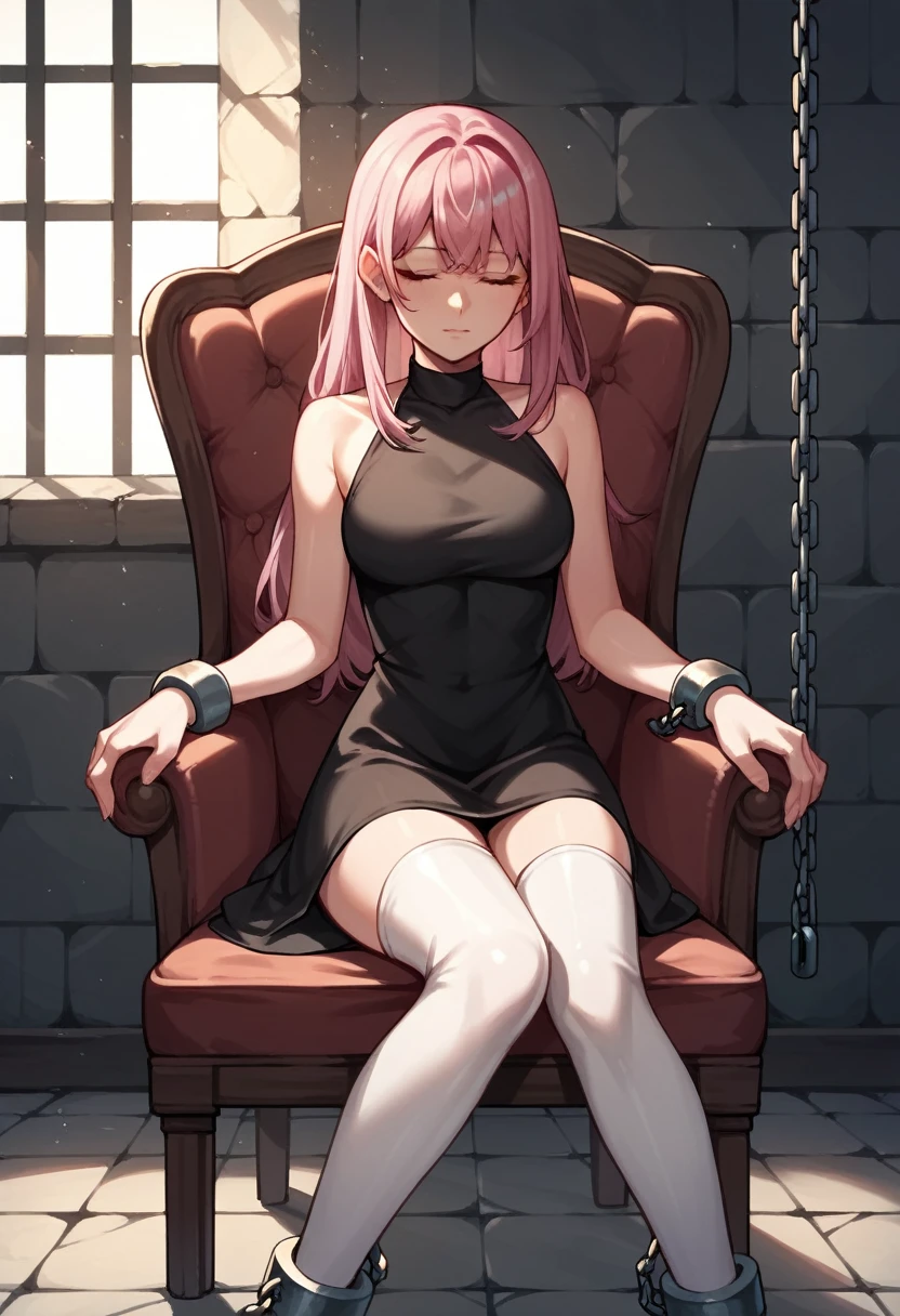 score_9, score_8_up, score_7_up, score_6_up, score_5_up, score_4_up, source_anime, 1woman, sit, chair, pink hair, long hair, close eyes, cry, w-w-chain, lower arms, shackles, clean hair, black dress, white thigh high boots, dungeon, the solution, best quality, best res, 4K UHD,
 