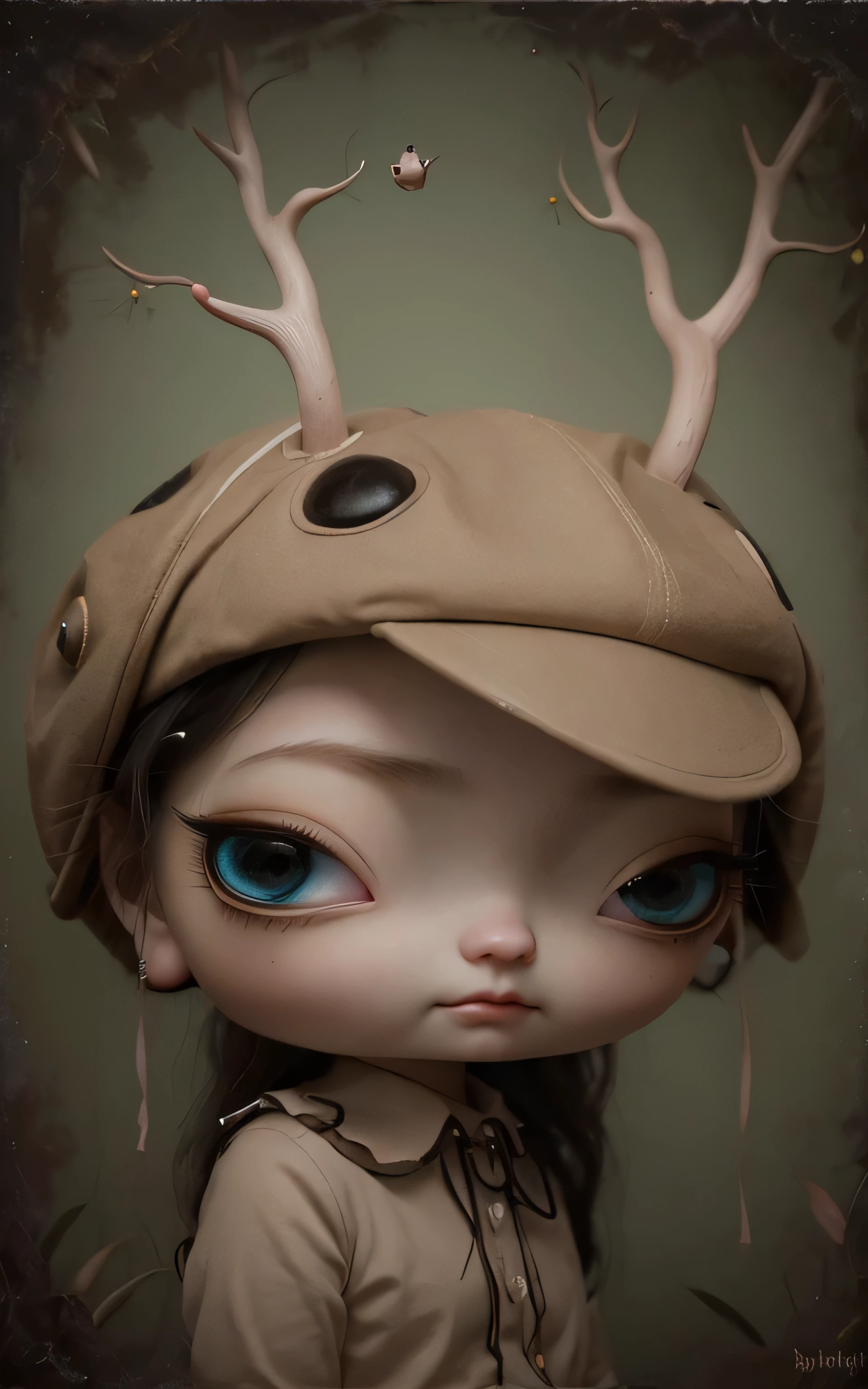 Painting of a girl with deer antlers on her head, Estilo Mark Ryden, Mark Ryden muy detallado, Estilo de Mark Ryden, Naoto Hattori, Surrealismo pop lowbrow, Mark Ryden en el estilo de, benjamin lacombe, Earley, Surrealismo pop Lowbrow Art Style, Arte lowbrow, por Mark Ryden, cute and beautiful, wearing cap, more details, amazing, colorful, with animals, with cute cat, with birds, holding a lollipop