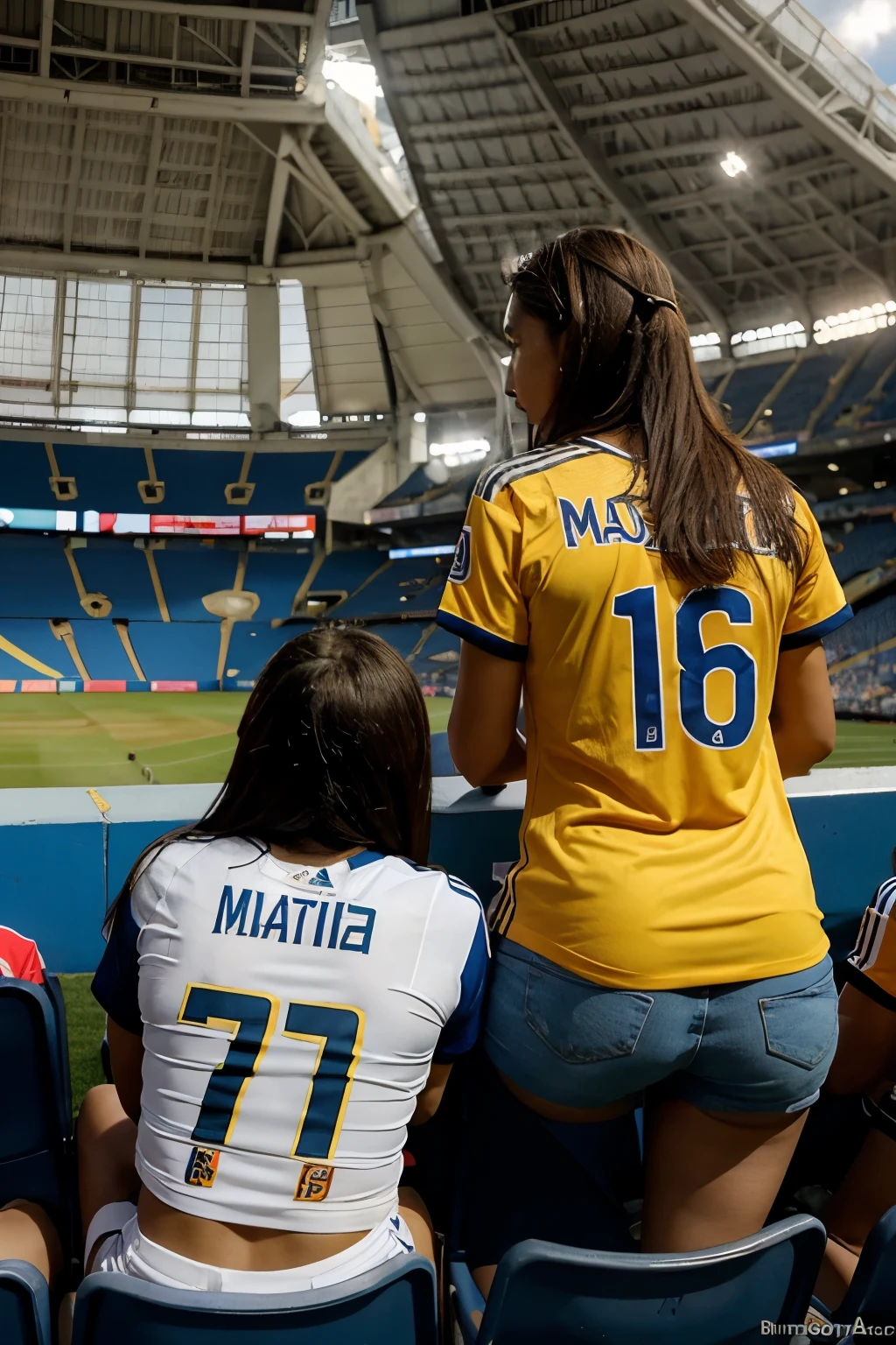 A woman with her back in front of a television wearing a Colombian national team shirt with the number 10 and the name Angela 