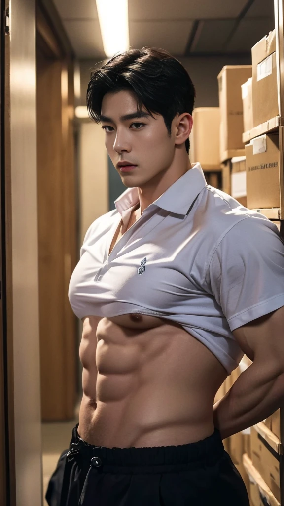1 handsome Asian guy,27岁policeman,arafed male police 官 in walking down a hallway, , wearing a sexy police outfit , kinky police , open outfit: police expose the penis , , majestic,Who is Shi Yu?, Li Yuanbin, Kim Hyung Tae, Kim Hyung Tae, Yin Shishan, Handsome Asian muscular guy,Broad shoulders and narrow waist,A handsome guy in police uniform,Form-fitting fabric contours the bust,in a remote warehouse,hands tied behind back,Hands tied behind the back,hands tied behind back,Masculine and sexy,High,Muscles look good,hairy body,Wheat complexion,black eyes(thin eyes 1:3),whole body image, huge penis, manly penis