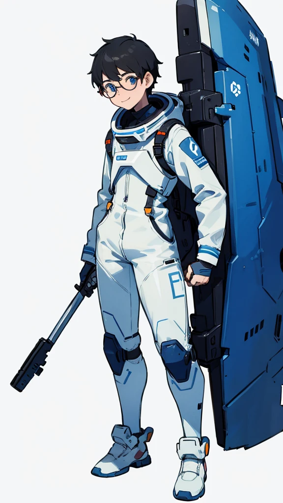1,19 years old,university student,male,Black Hair,Light blue eyes,Short Hair,Spacesuit,(Cool pose),Standing posture,Glasses,(whole body),White background,smile,The shoes are blue