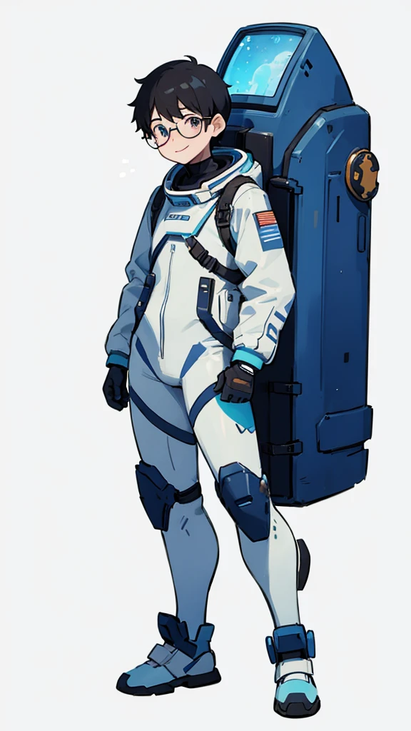 1,19 years old,university student,male,Black Hair,Light blue eyes,Short Hair,Spacesuit,(Cool pose),Standing posture,Glasses,(whole body),White background,smile,The shoes are blue