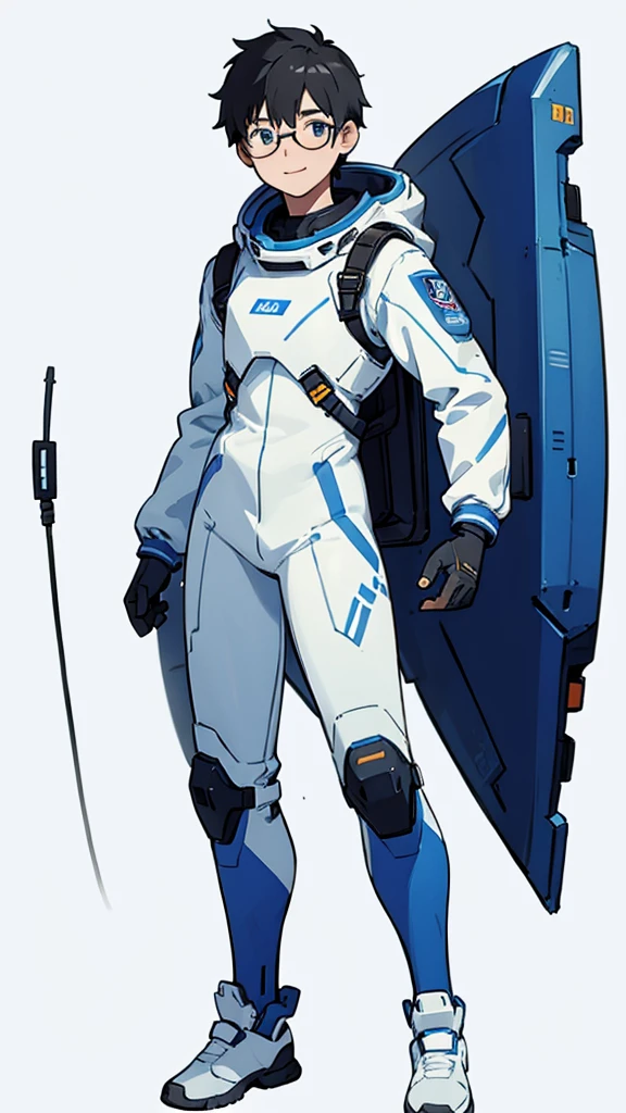 1,19 years old,university student,male,Black Hair,Light blue eyes,Short Hair,Spacesuit,(Cool pose),Standing posture,Glasses,(whole body),White background,smile,The shoes are blue