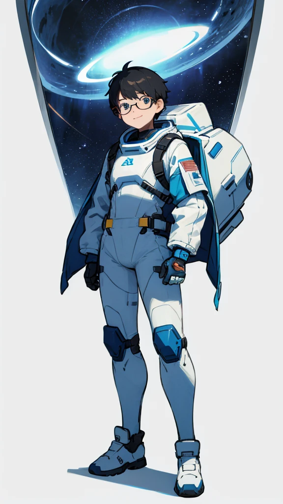 1,19 years old,university student,male,Black Hair,Light blue eyes,Short Hair,Spacesuit,(Cool pose),Standing posture,Glasses,(whole body),White background,smile,The shoes are blue