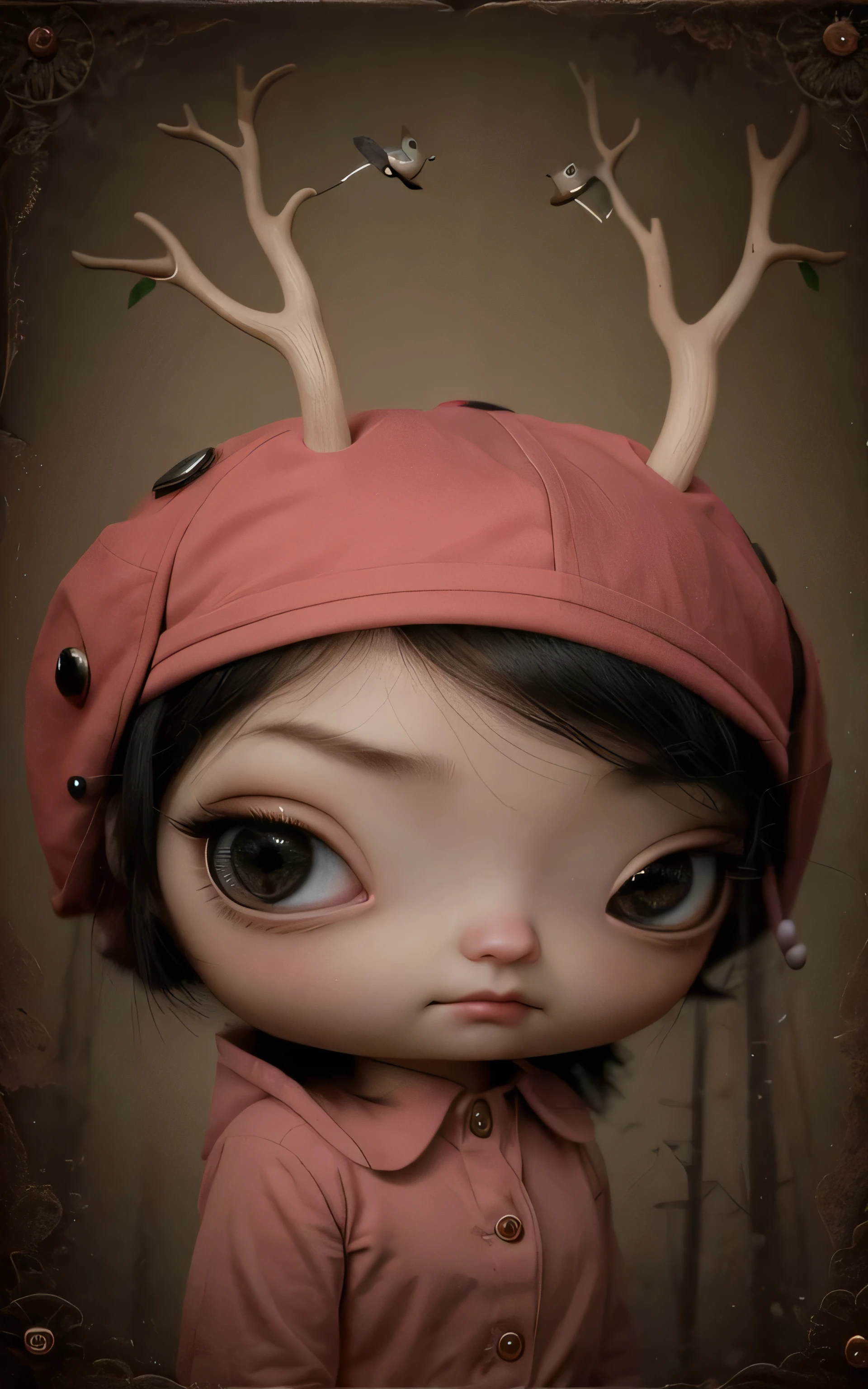 Painting of a girl with deer antlers on her head, Estilo Mark Ryden, Mark Ryden muy detallado, Estilo de Mark Ryden, Naoto Hattori, Surrealismo pop lowbrow, Mark Ryden en el estilo de, benjamin lacombe, Earley, Surrealismo pop Lowbrow Art Style, Arte lowbrow, por Mark Ryden, cute and beautiful, wearing cap, more details, amazing, colorful, with animals, with cute cat, with birds, holding a lollipop