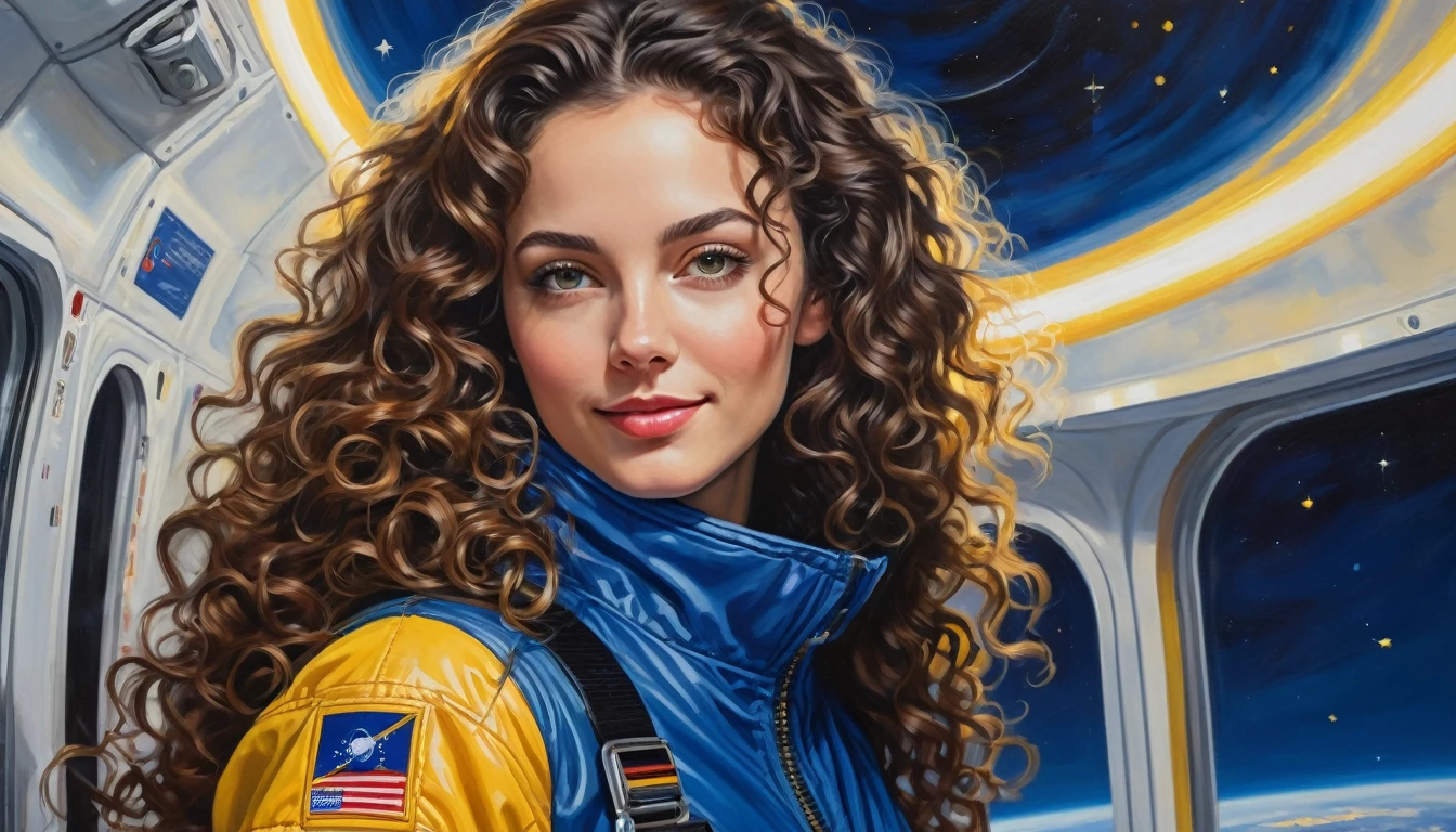 realistic acrylic art, vivid colors, lateral point of view, a beautiful european woman with long curly hair, looking at the viewer with suspicious face and a shy smile, she wears spacial blue jacket over glossy white jumpsuit, gloves, adjusting a sophisticated belt, dramatic yellow lights, background space station