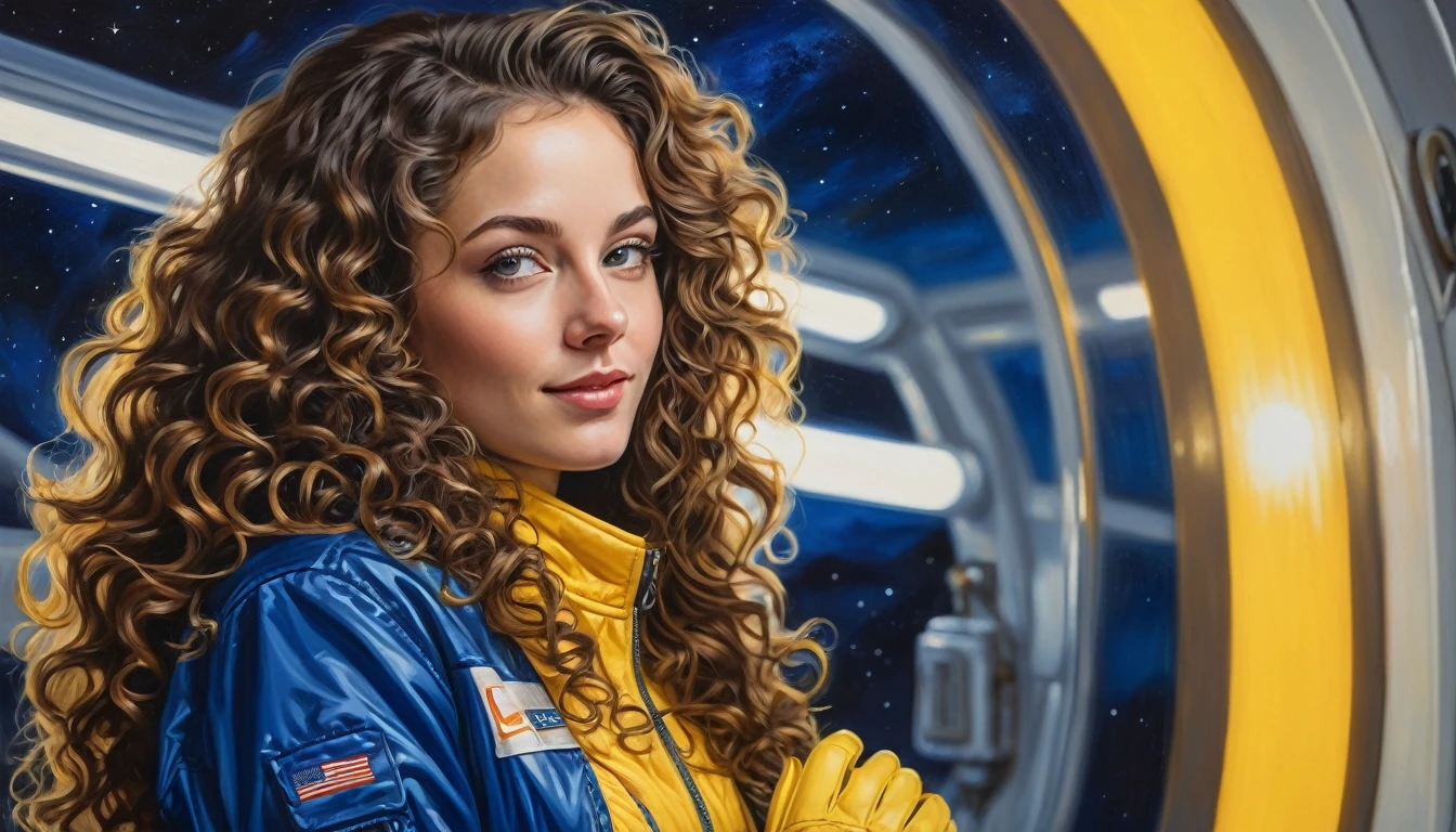 realistic acrylic art, vivid colors, lateral point of view, a beautiful european woman with long curly hair, looking at the viewer with suspicious face and a shy smile, she wears spacial blue jacket over glossy white jumpsuit, gloves, adjusting a sophisticated belt, dramatic yellow lights, background space station